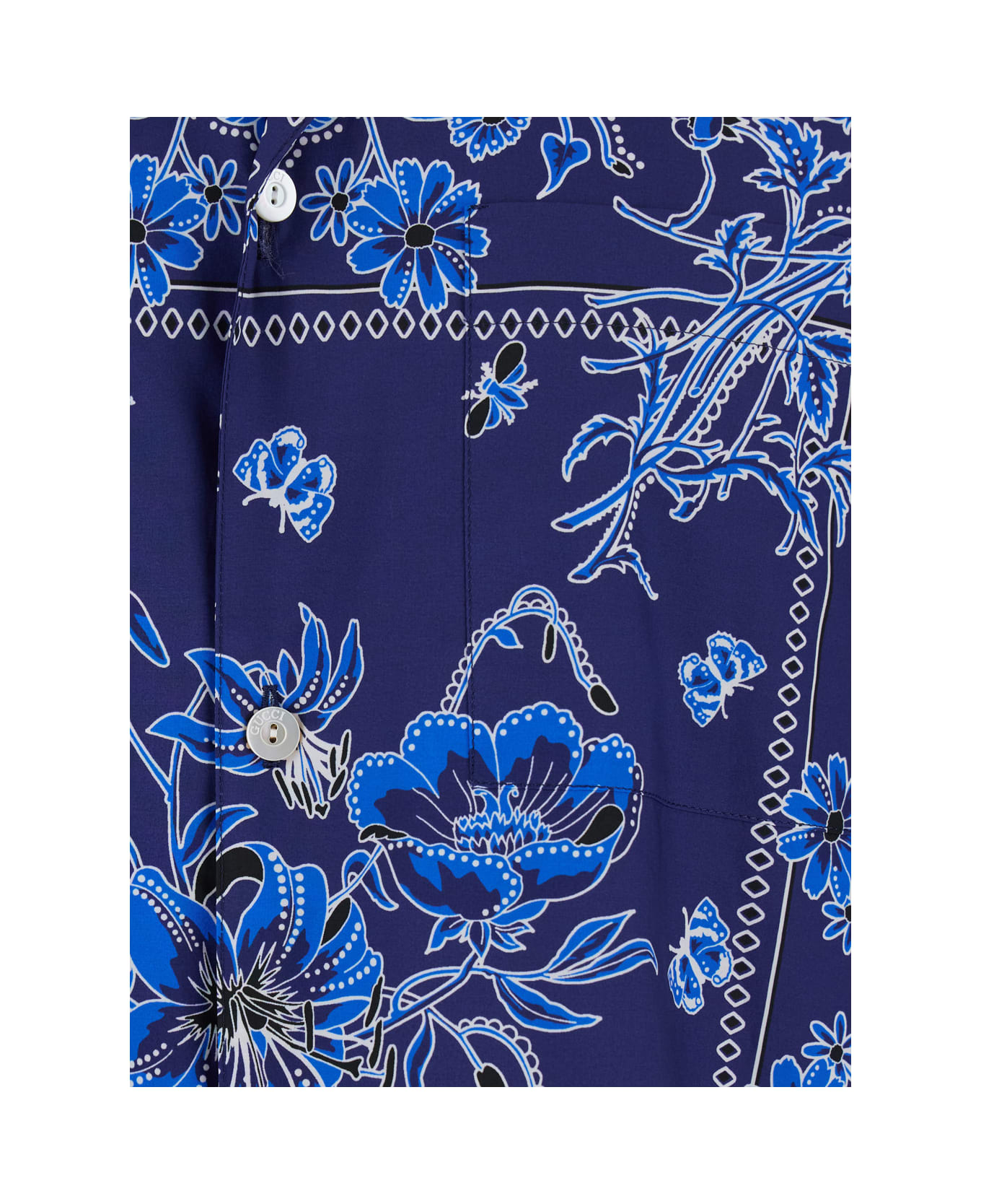 Gucci Blue Bowling Shirt With Cuban Collar And All-over Floral Print In Cotton Man - Blu