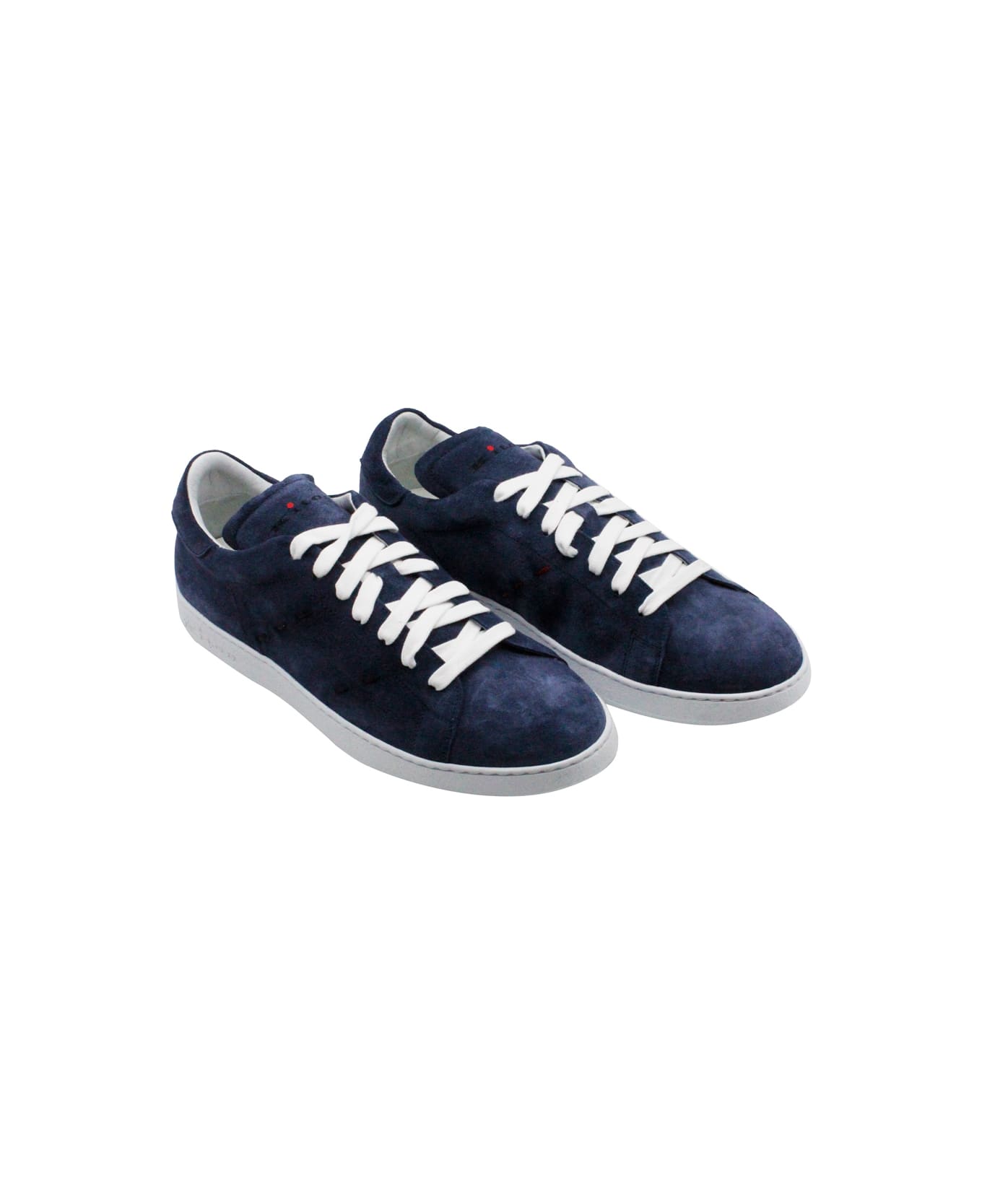 Kiton Lightweight Sneaker In Soft Suede With Contrasting Color Finishes And Stitching. Tongue With Logo Print And Lace Closure. - Blu