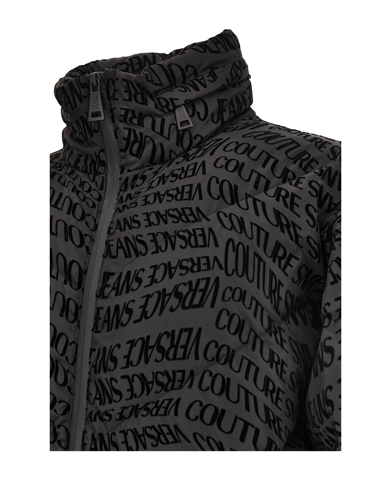 Versace Jeans Couture Men S Short Down Jacket With All-over Logo - Black