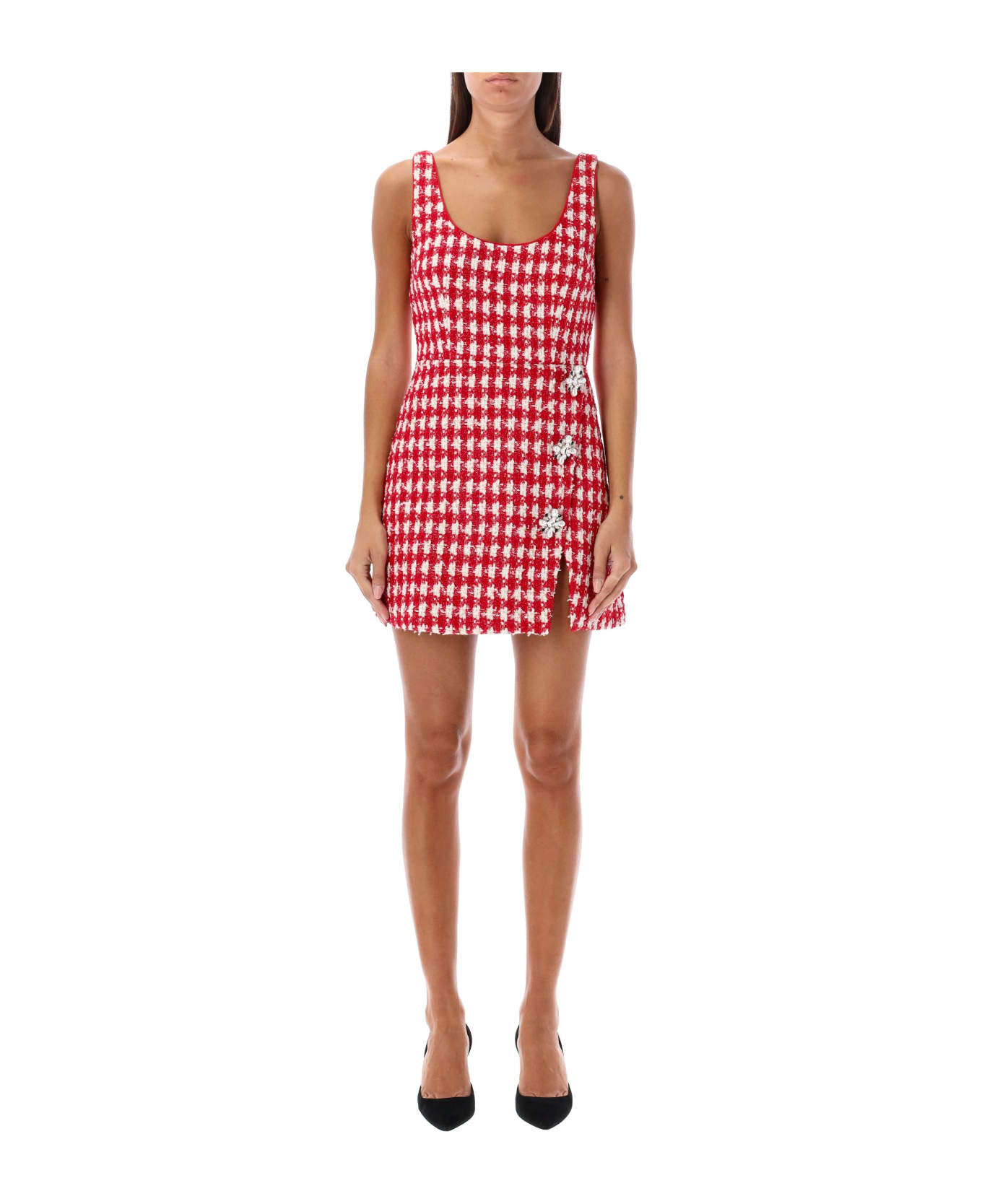 self-portrait Red Check Bouclé Mini Dress - RED