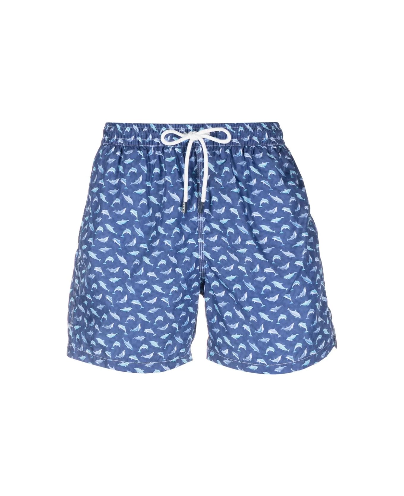 Fedeli Blue Swim Shorts With Light Blue Dolphin Pattern - Blue