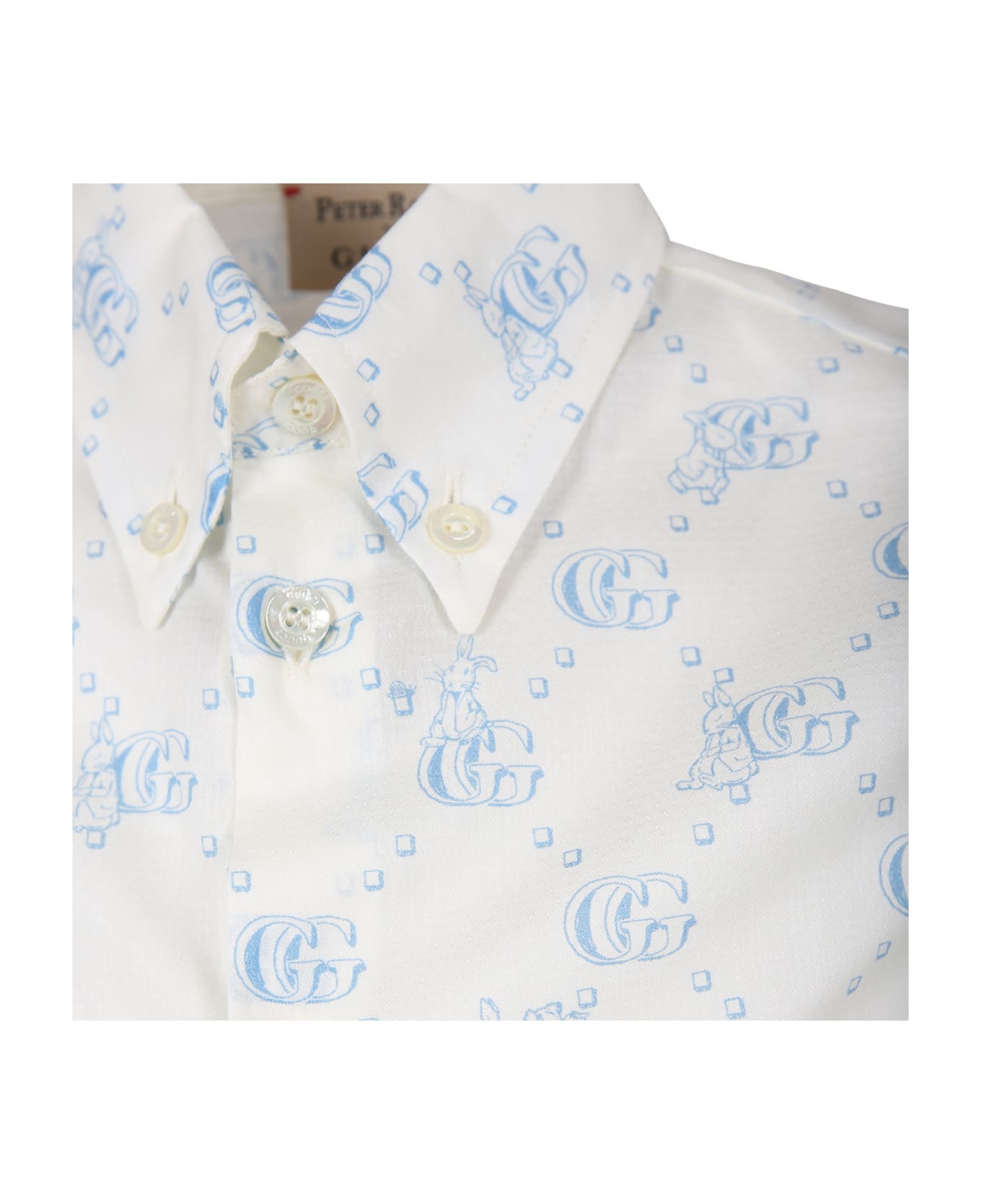 Gucci Shirt For Boy With Light Blue Logo And All-over Rabbit - White シャツ