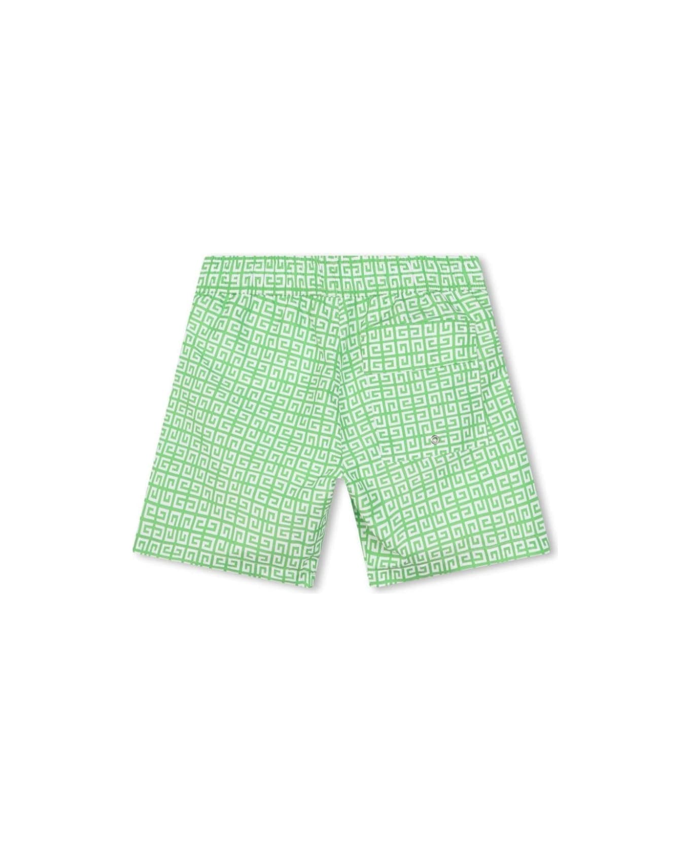 Givenchy Green And White Swim Trunks With All-over 4g Print In Tech Fabric Boy - Green