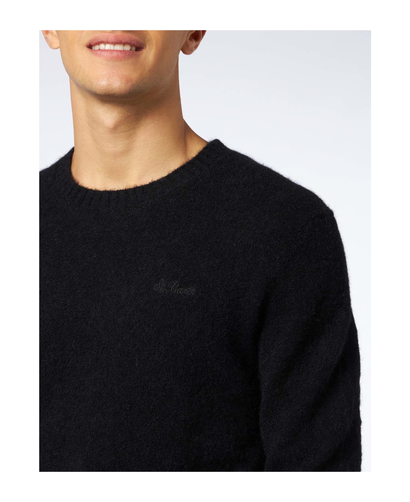 MC2 Saint Barth Man Black Stretch Wool Sweater With St. Barth Embroidery - BLACK