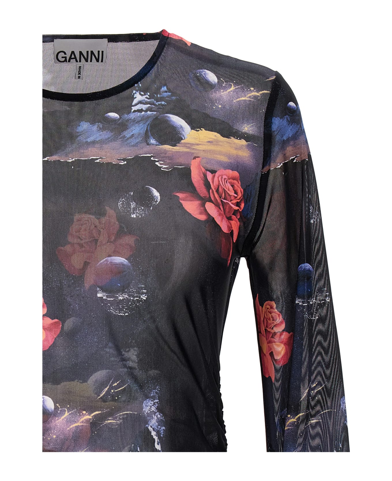 Ganni Floral Print Top - BLACK/PINK
