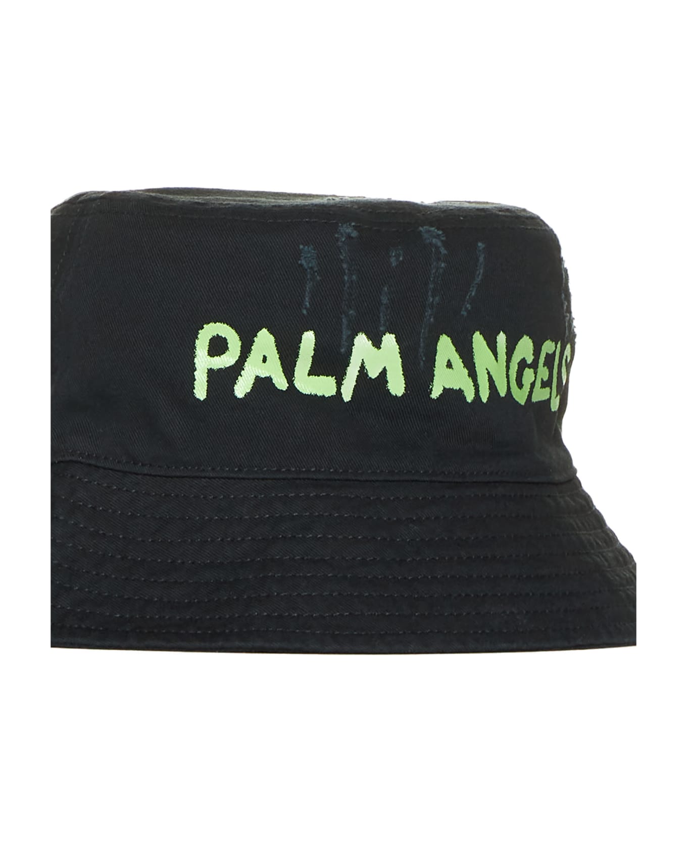 Palm Angels Logo Printed Distressed Bucket Hat - Black green fl 帽子