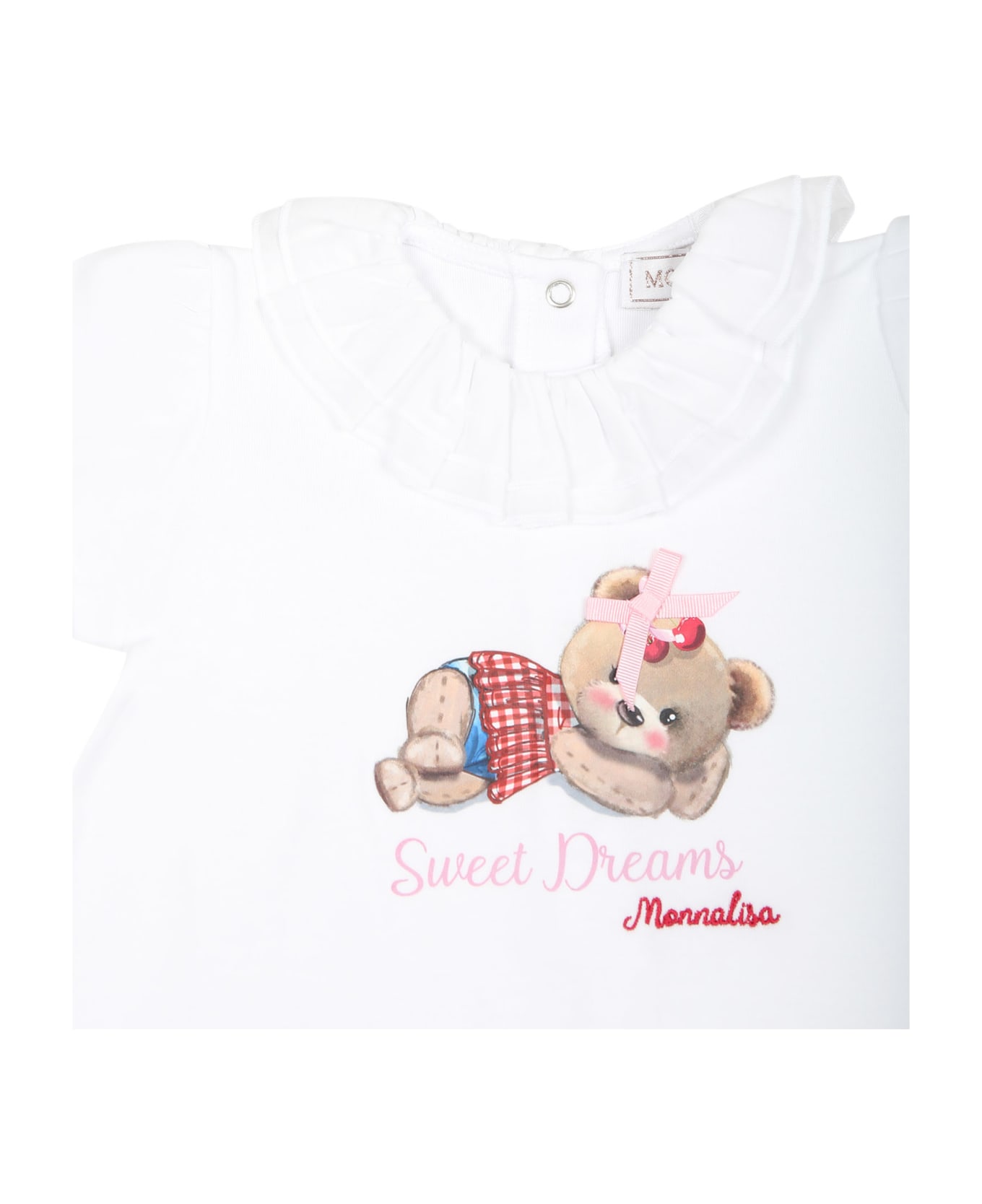 Monnalisa White Romper For Baby Girl With Bear Print - White ボディスーツ＆セットアップ