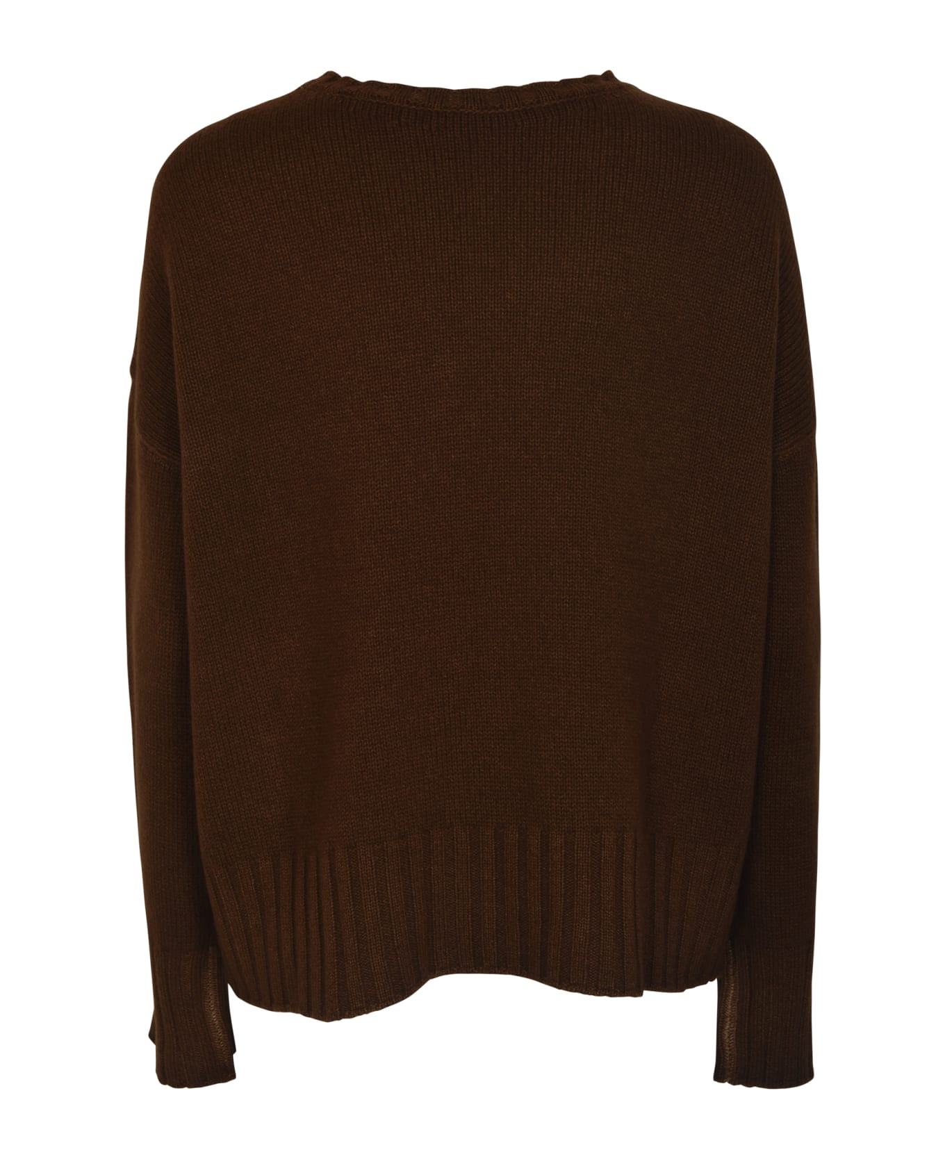Base Patched Pocket Round Neck Rib Knit Sweater - Coffee ニットウェア