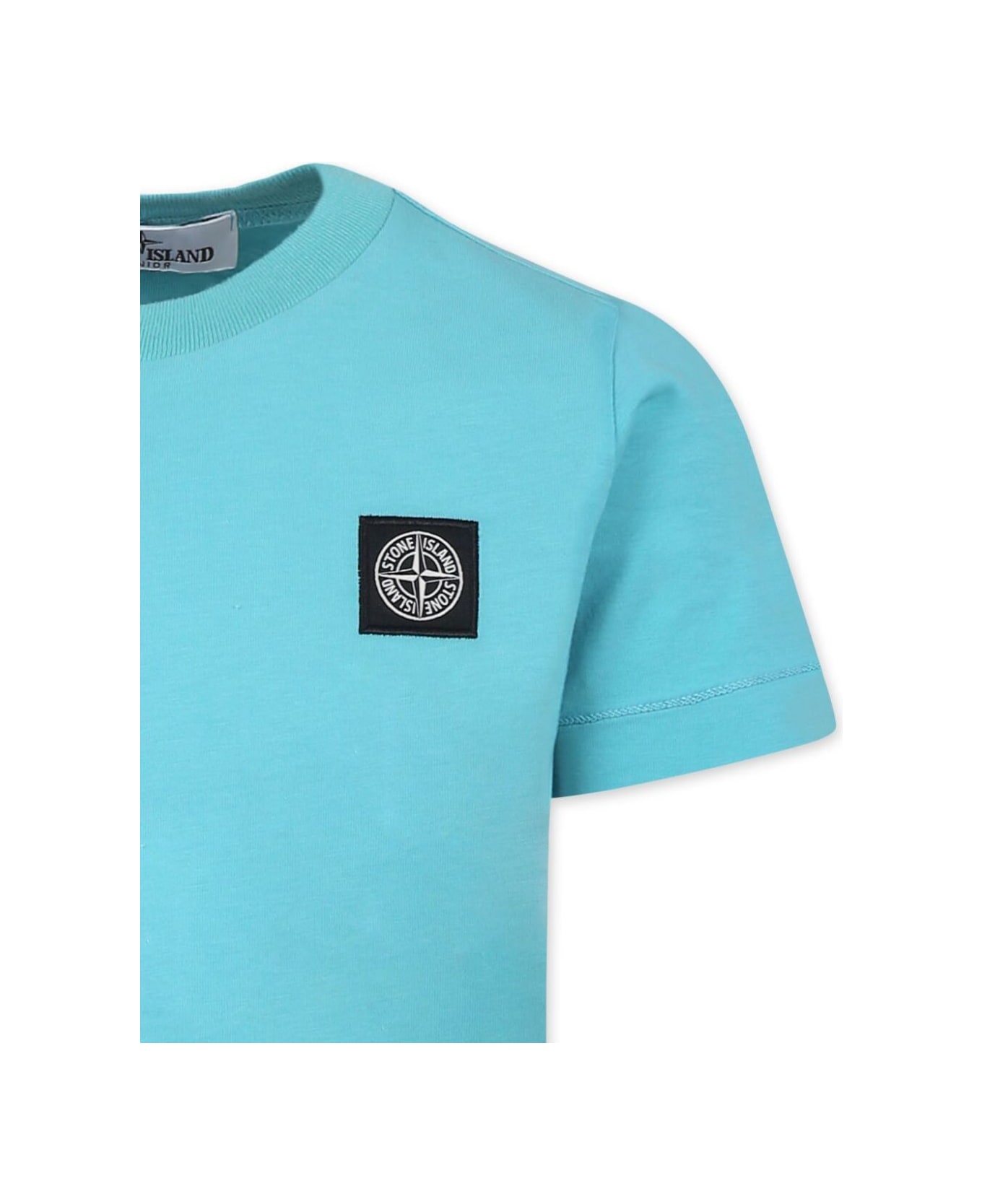 Stone Island Junior Light Blue T-shirt With Round Neck And Logo Patch On The Front In Cotton Boy - Light blue