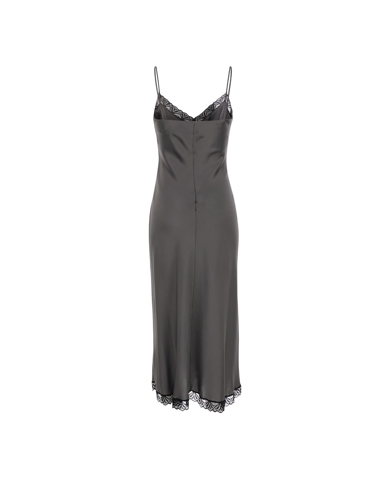 Alberta Ferretti Midi Dark Grey Dress With Lace Inserts And Spaghetti Straps In Satin Woman - Grey