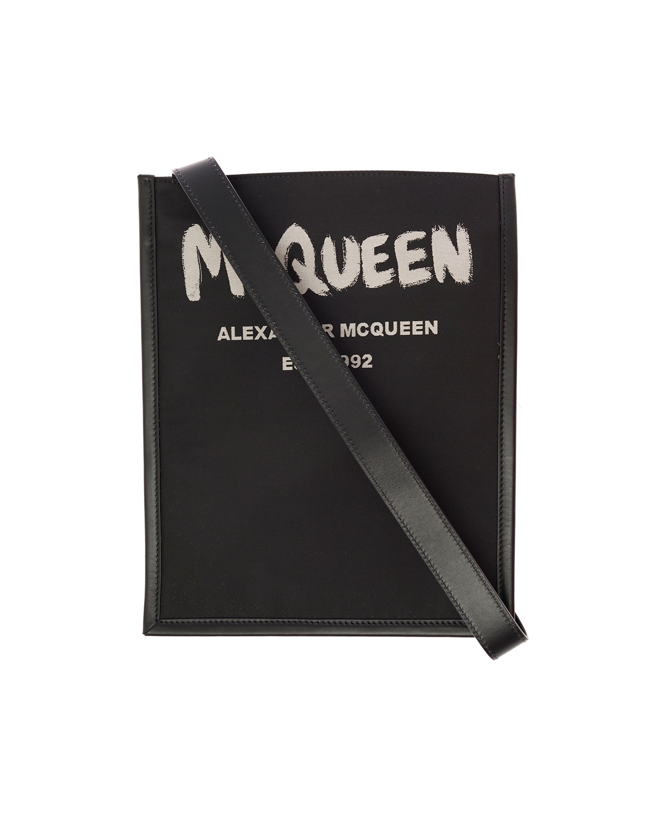 Alexander McQueen Man's Black Leather Crossbody Bag With Logo Print - Black