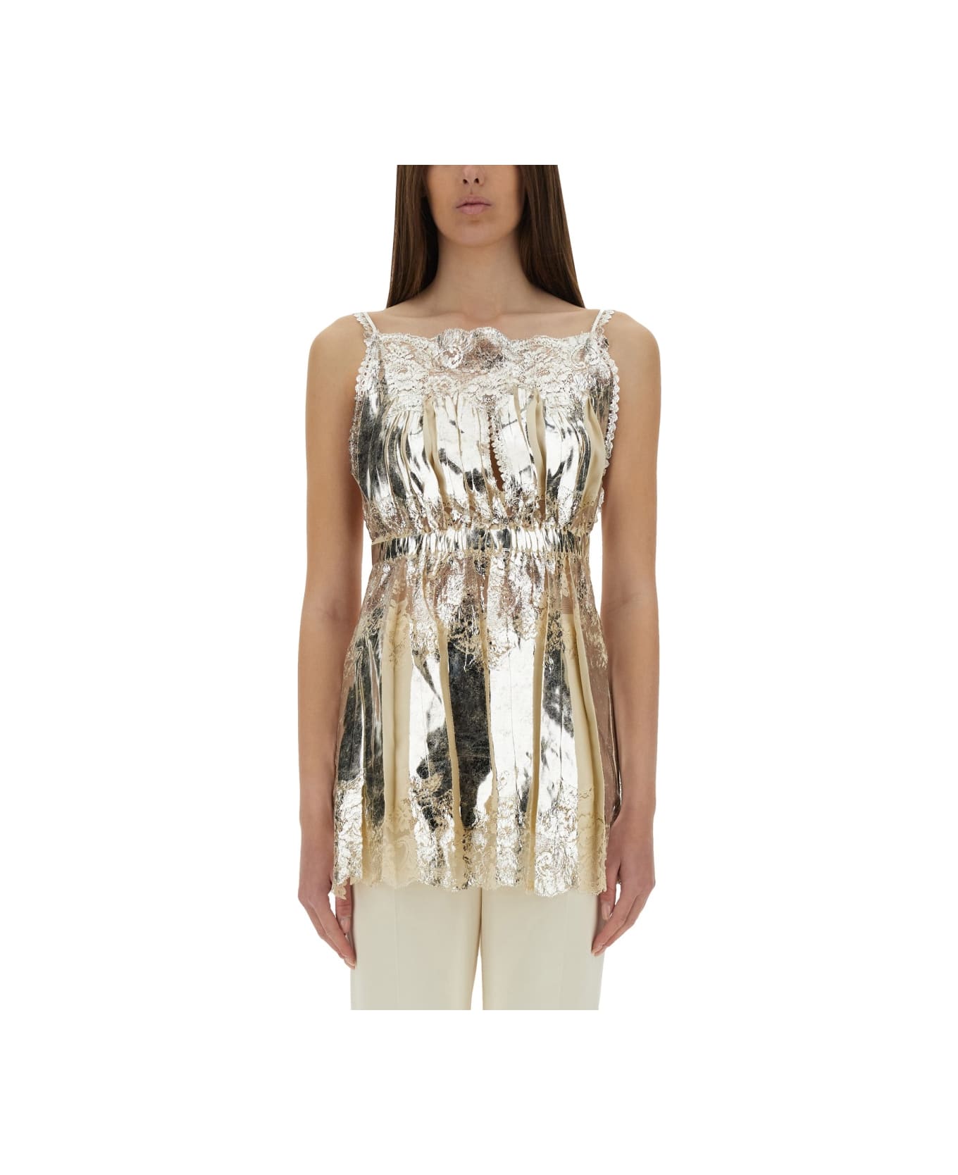 Paco Rabanne Laminated Pleated Satin Top - IVORY