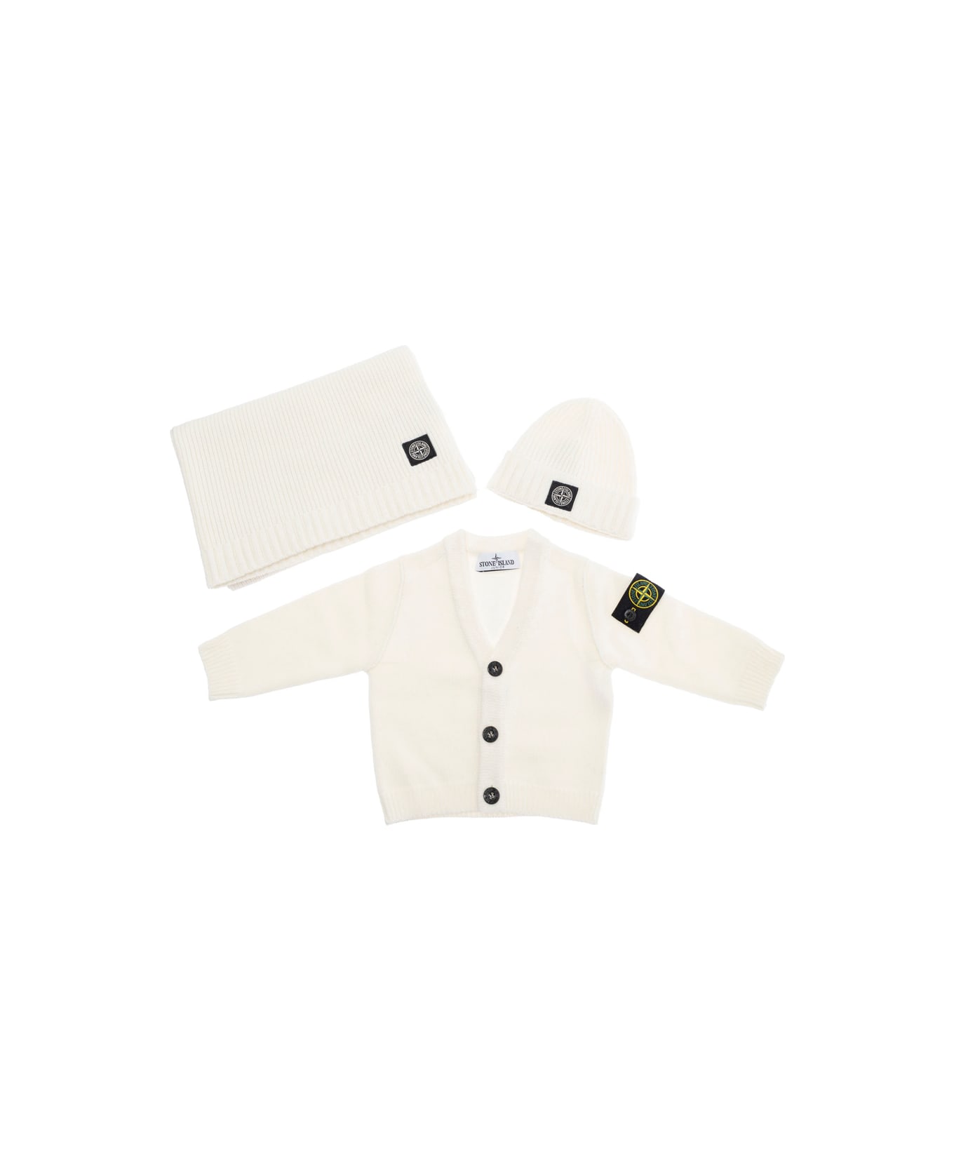 Stone Island Junior White Cardigan With Matching Beanie With Logo Patch On The Front In Wool Baby - White