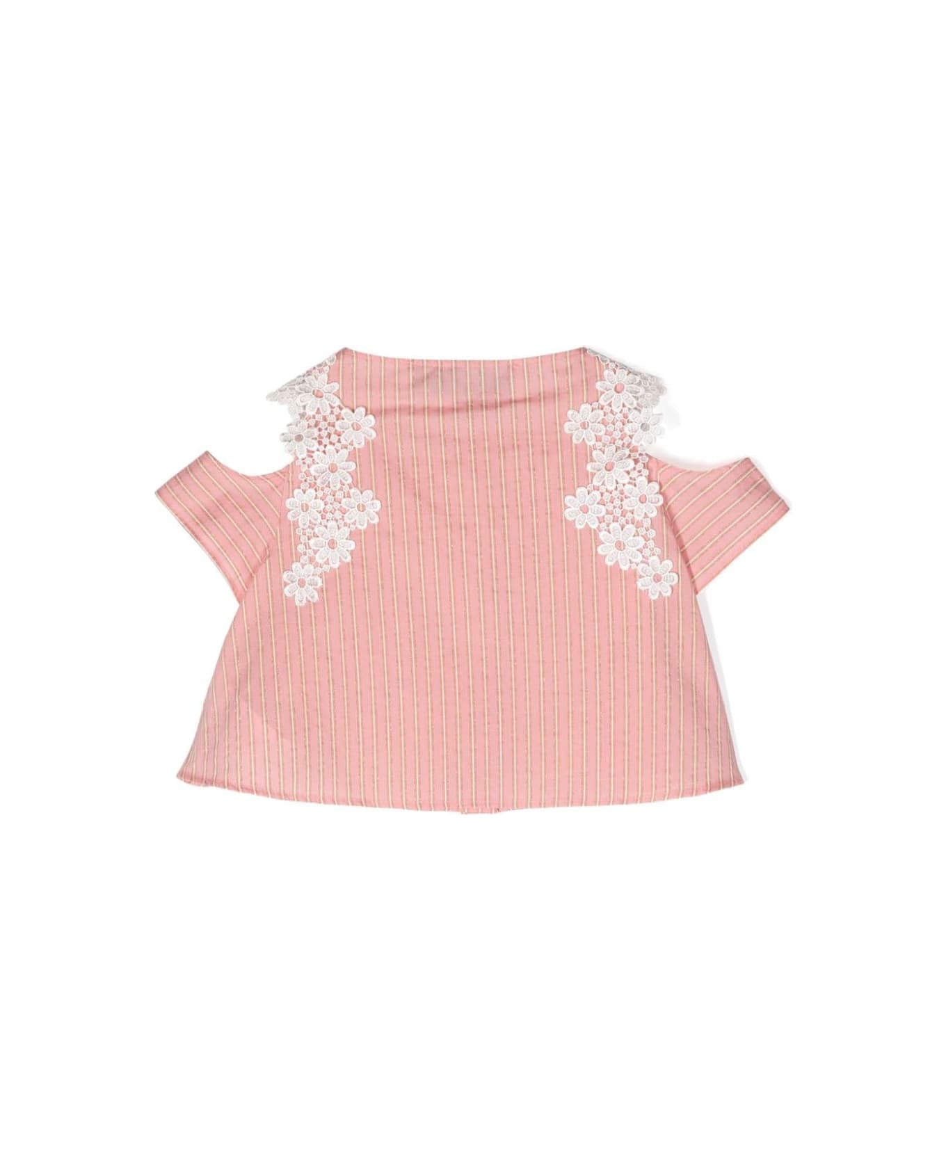 Simonetta Pink Lamé Striped Shirt With Lace - Pink シャツ