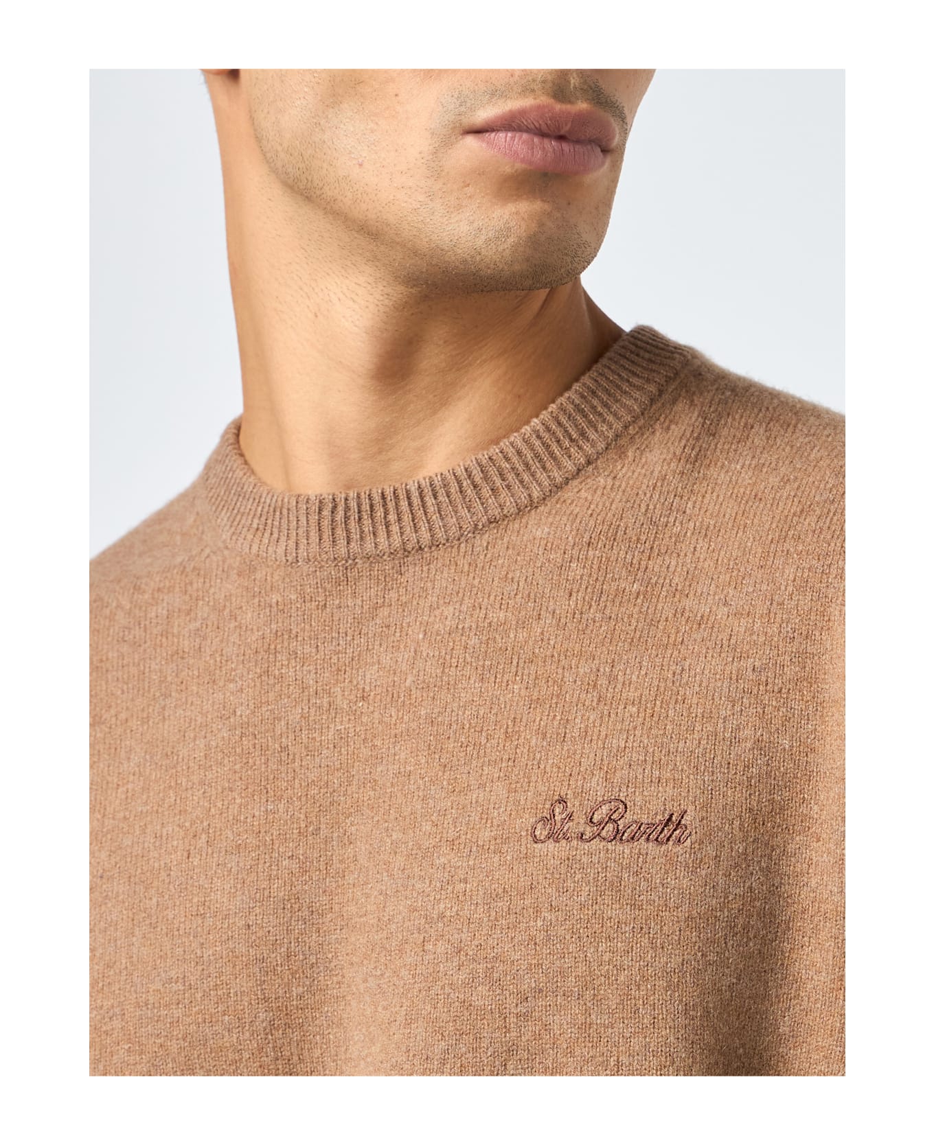 MC2 Saint Barth Man Crewneck Camel Lambswool Sweater With St. Barth Embroidery - WHITE