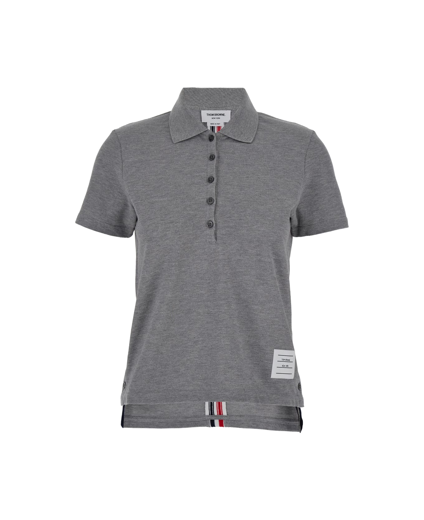 Thom Browne Relaxed Fit Short Sleeve Polo W/ Center Back Rwb Stripe In Classic Pique - Grey