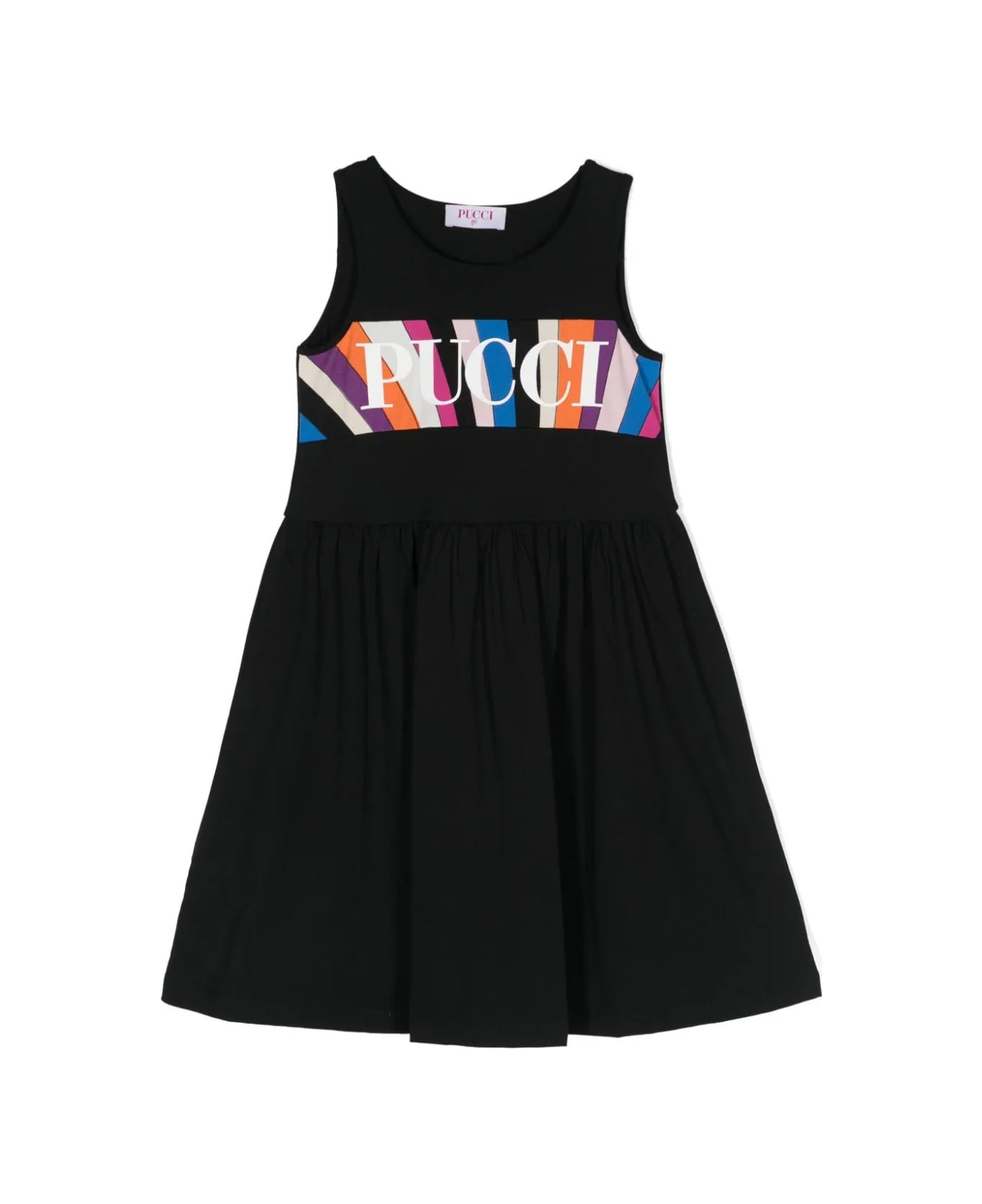 Pucci Black Flared Dress With Iride And Logo Print Band - Black