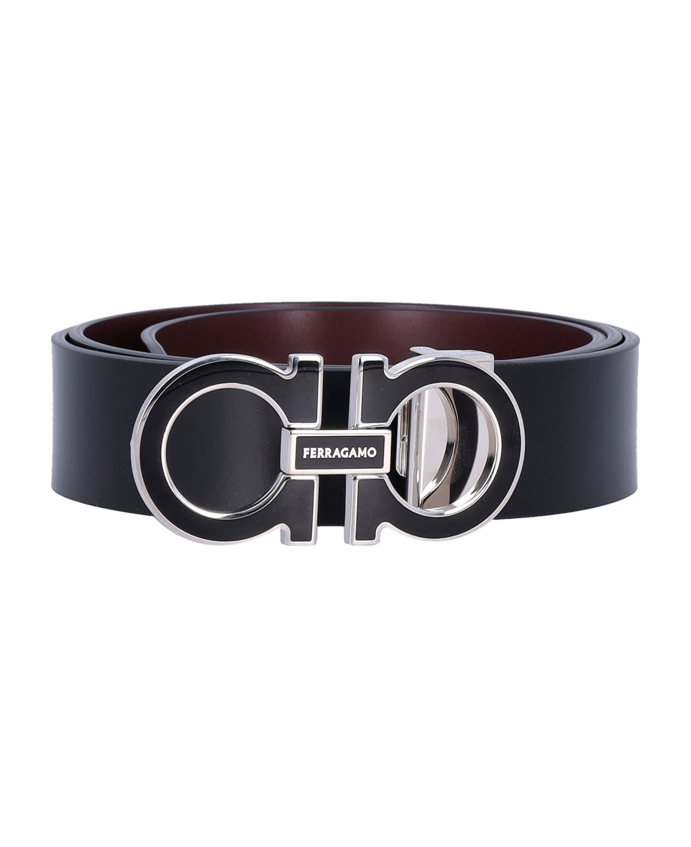 Ferragamo Double Adjustable Belt - NERO + DARK BAROLO