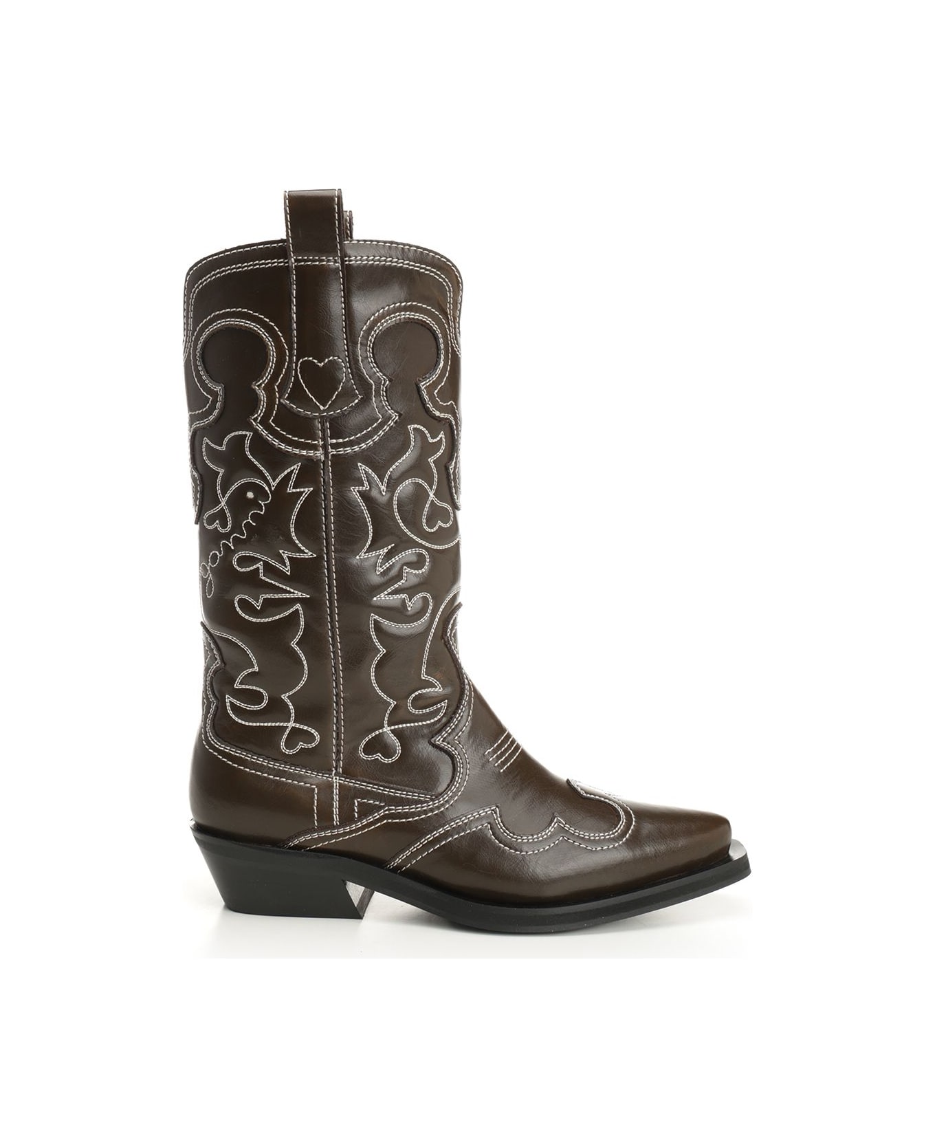 Ganni Mid Shaft Embroidered Western Boot Oleatex - DARKOLIVEEGRET