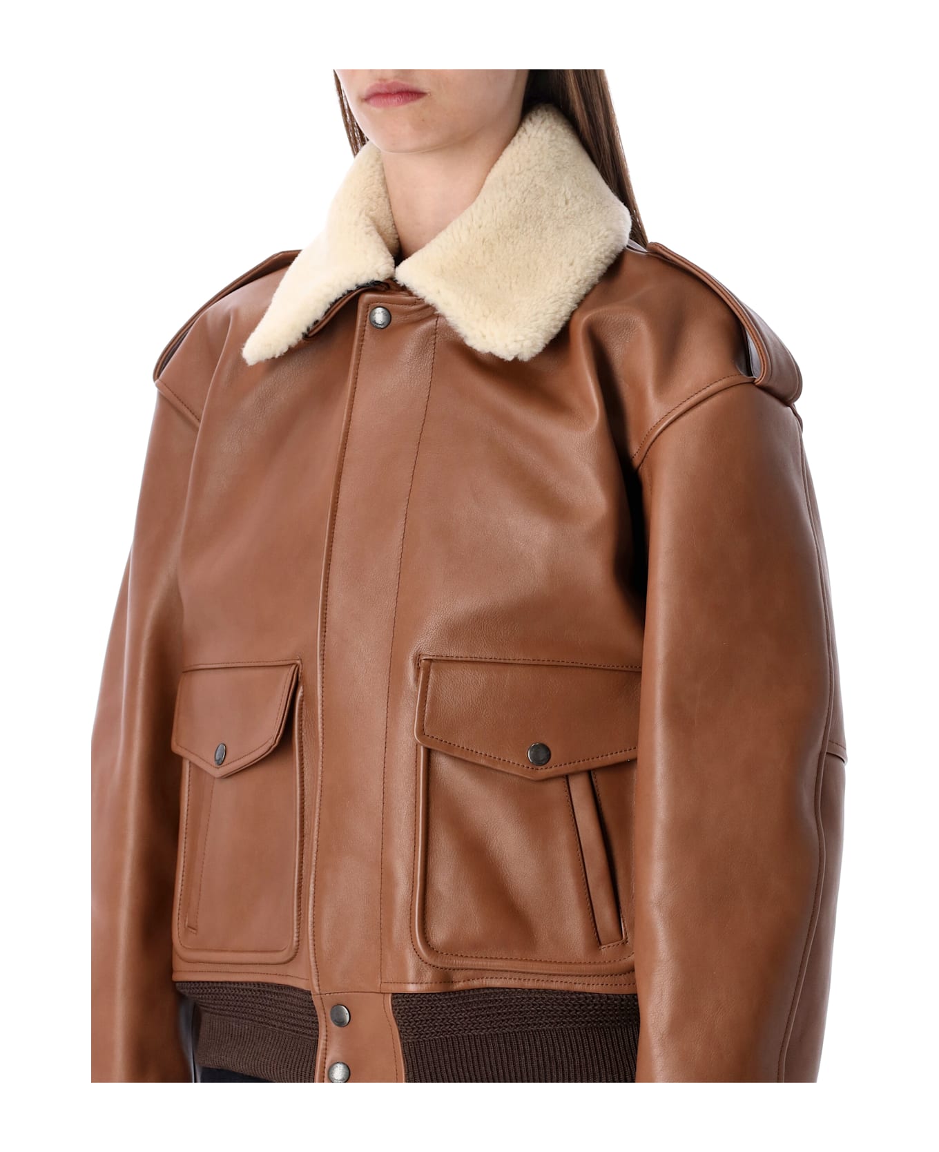 Saint Laurent Brown Leather Bomber Jacket With Shearling Collar - TERRACOTTA