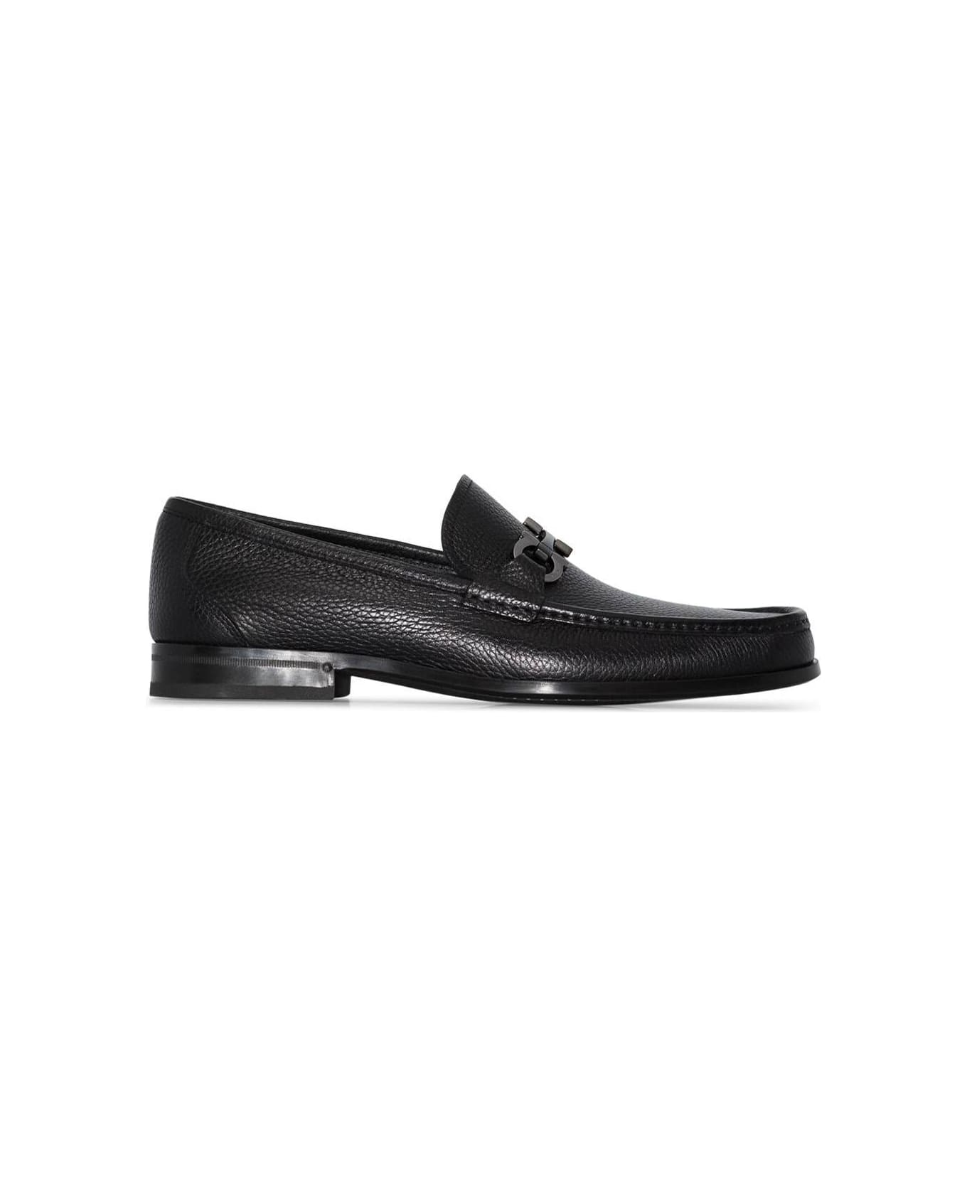 Ferragamo Black Loafers With Tonal Gancini Detail In Hammered Leather Man - Black