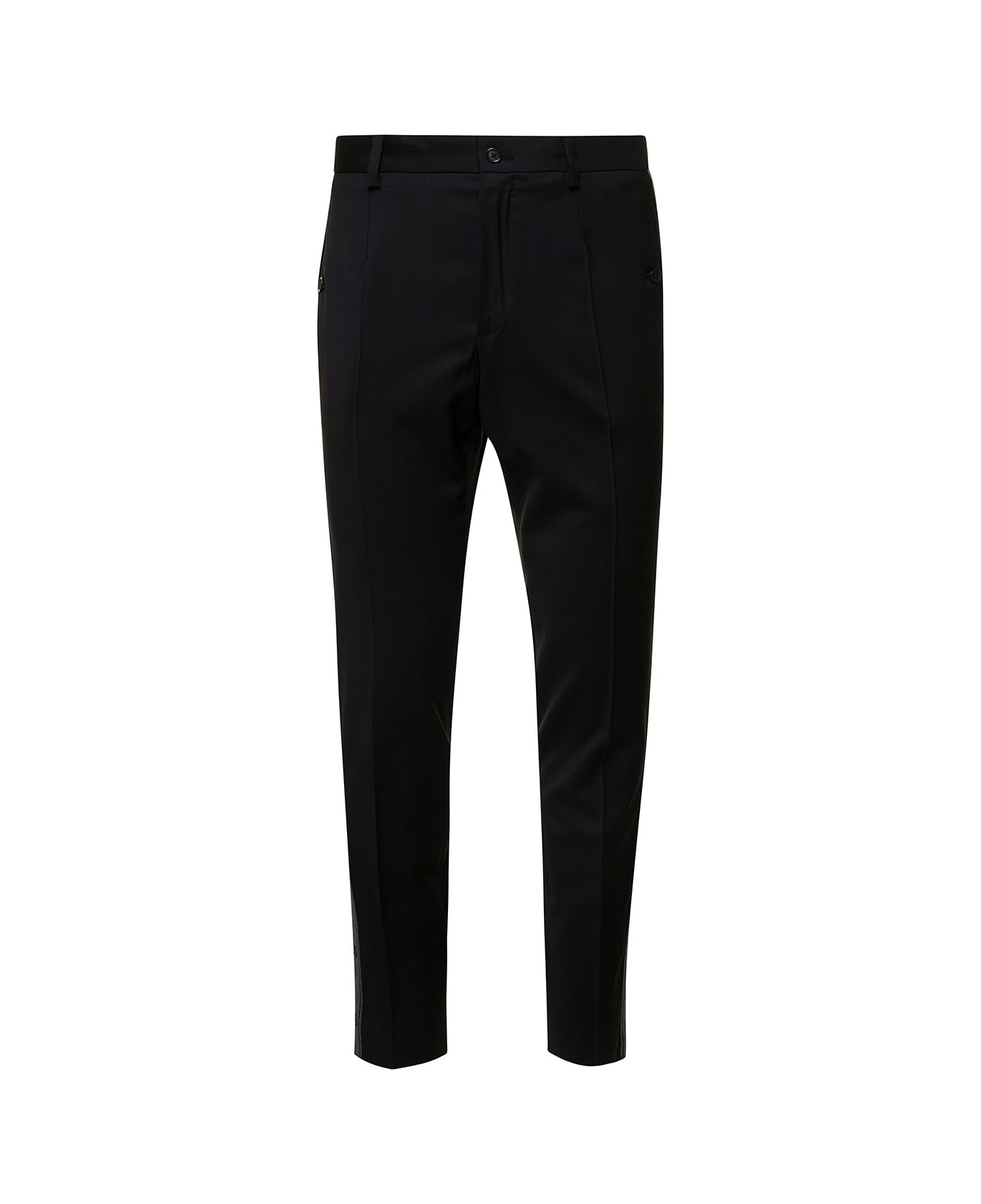 Dolce & Gabbana Black Slim Pants With Contrasting Logo Band In Stretch Wool Man - Black