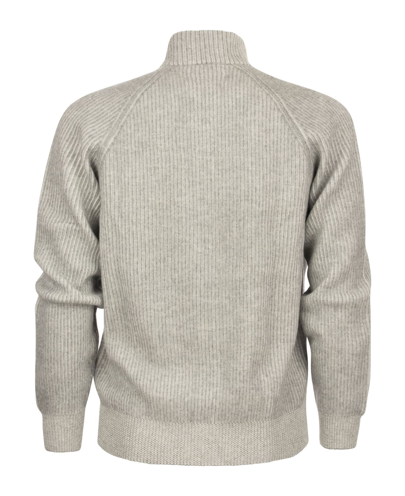 Brunello Cucinelli Zipped Cardigan Sweater With High Vanisè Collar In Cashmere - Grey