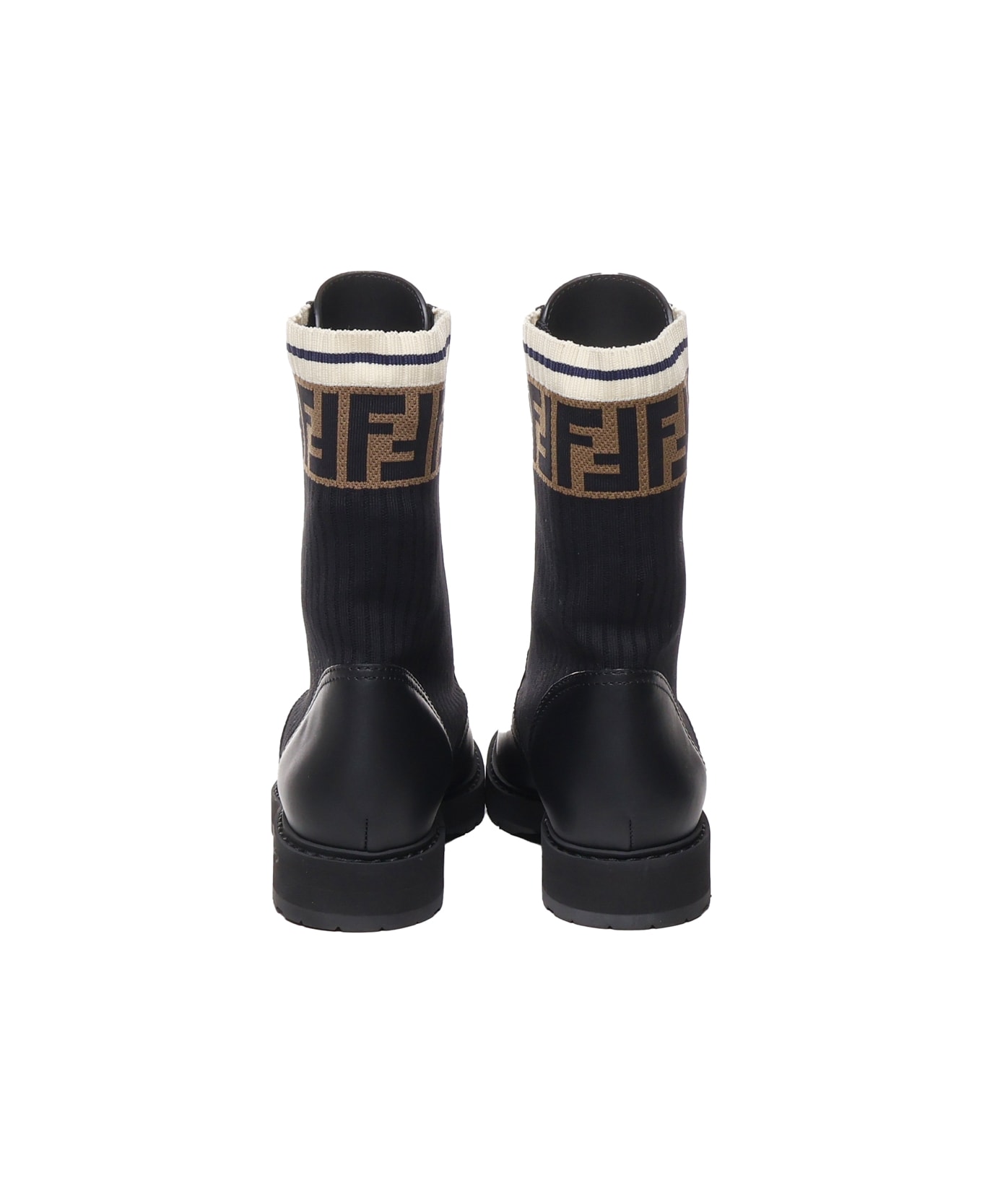 Fendi Leather And Mesh Biker Boots With Ff Monogram - Nero/tab.nero marino