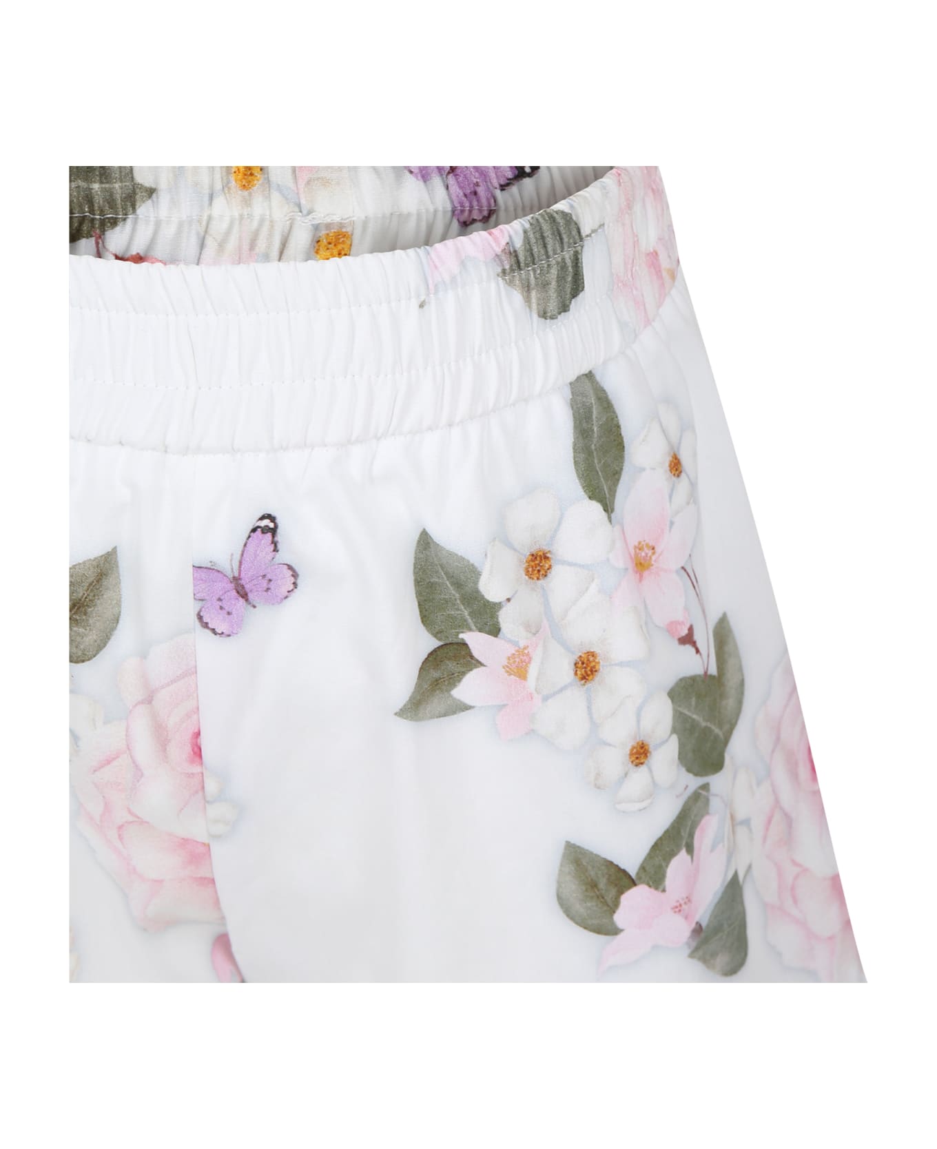 Monnalisa White Shorts For Girl With Floreal Print - White ボトムス