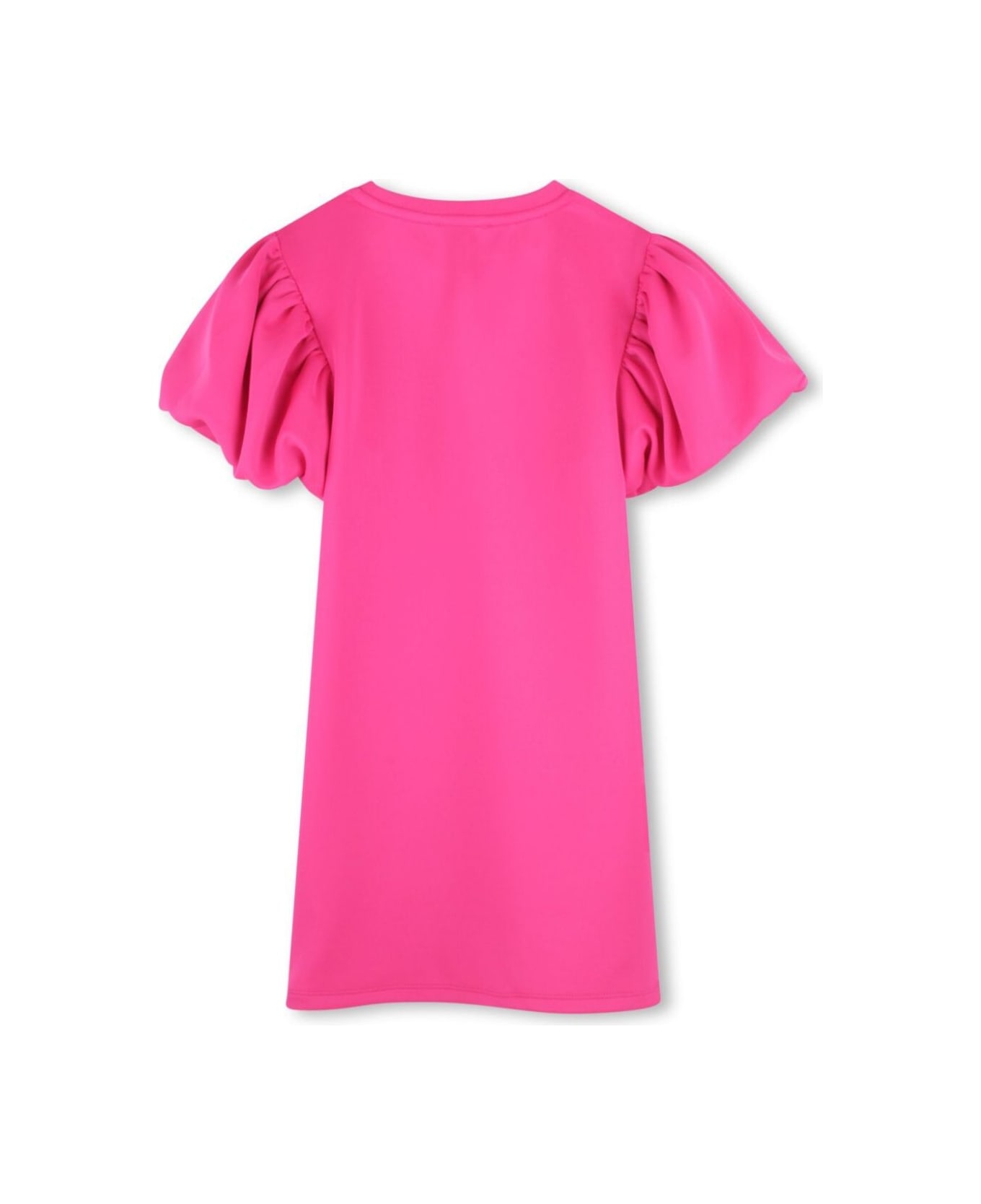 Marc Jacobs Pink Crewneck Dress With Puffed Sleeves And Logo Print On The Front In Tech Fabric Stretch Girl - Fuxia