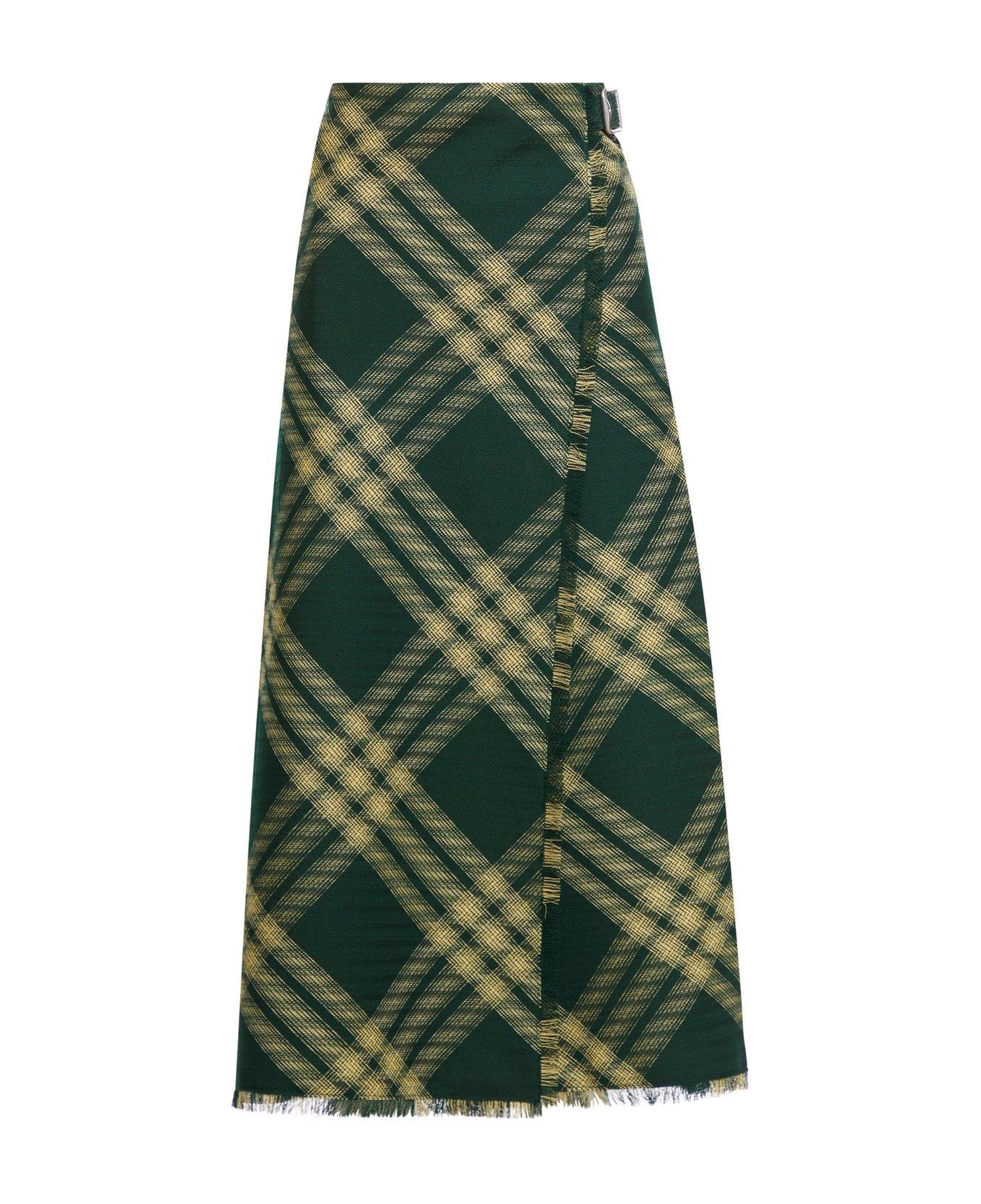 Burberry Check Printed Frayed-edge Midi Skirt - GREEN