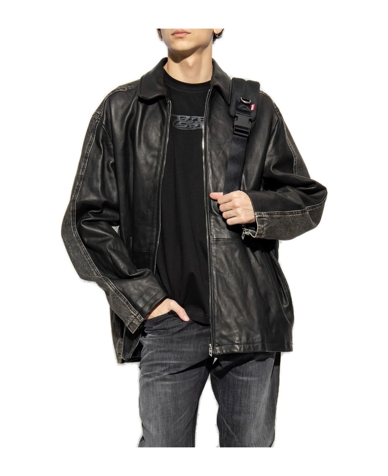 Diesel L-stoller Leather Jacket - Nero grigio