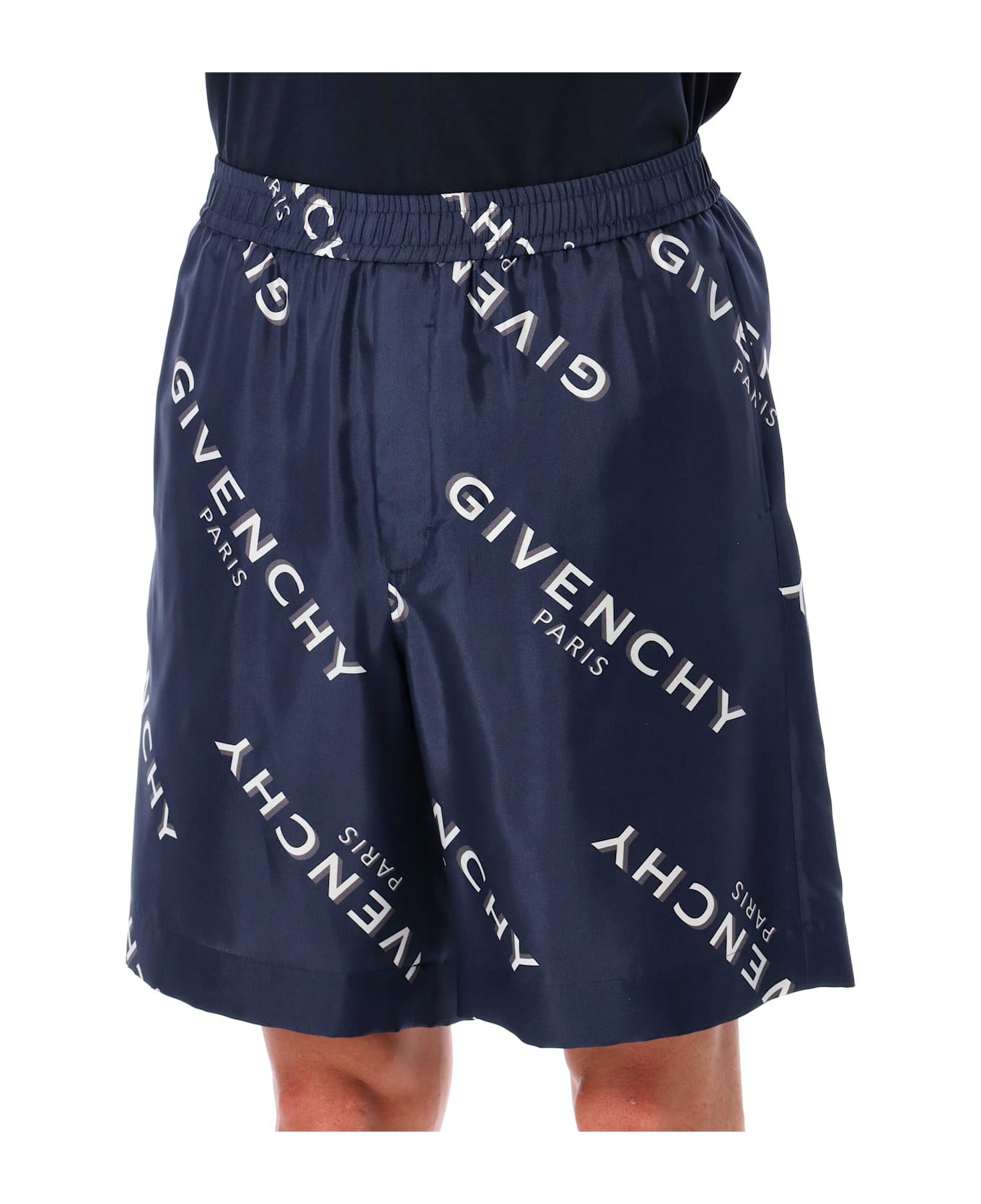 Givenchy Navy Silk Bermuda Shorts With Givenchy All-over Print - NAVY