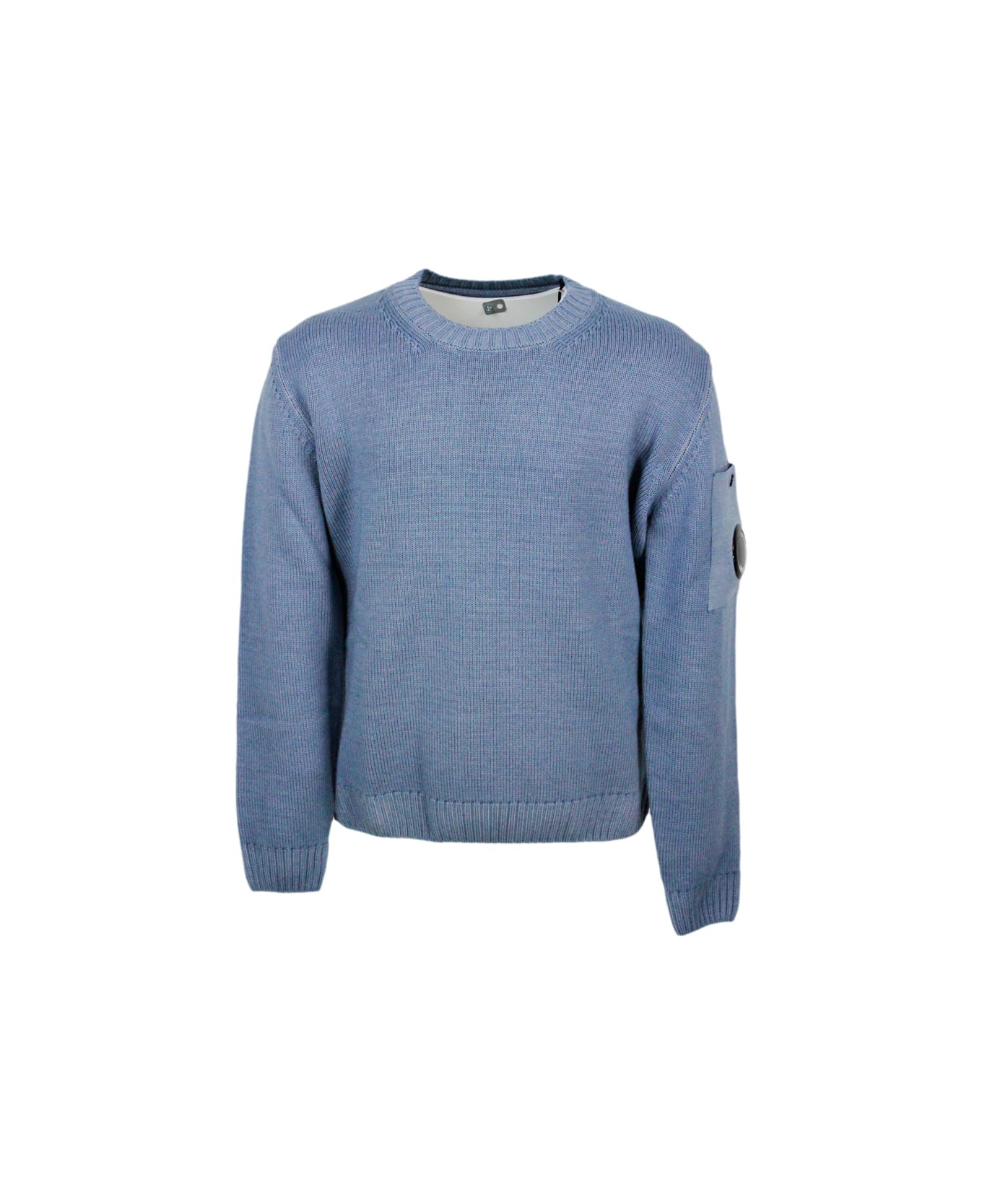 C.P. Company Crewneck Wool Sweater With Logo On The Sleeve In Vanisè Color - Blu