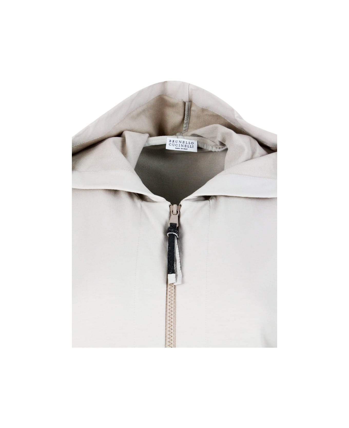 Brunello Cucinelli Stretch Cotton Sweatshirt With Hood And Jewel On The Zip Puller - Beige