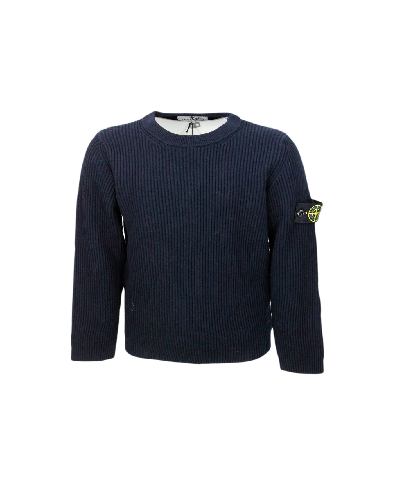 Stone Island Junior Long-sleeved Crew-neck Sweater In Soft Wool With English Rib Badge On The Left Sleeve - Blu ニットウェア＆スウェットシャツ