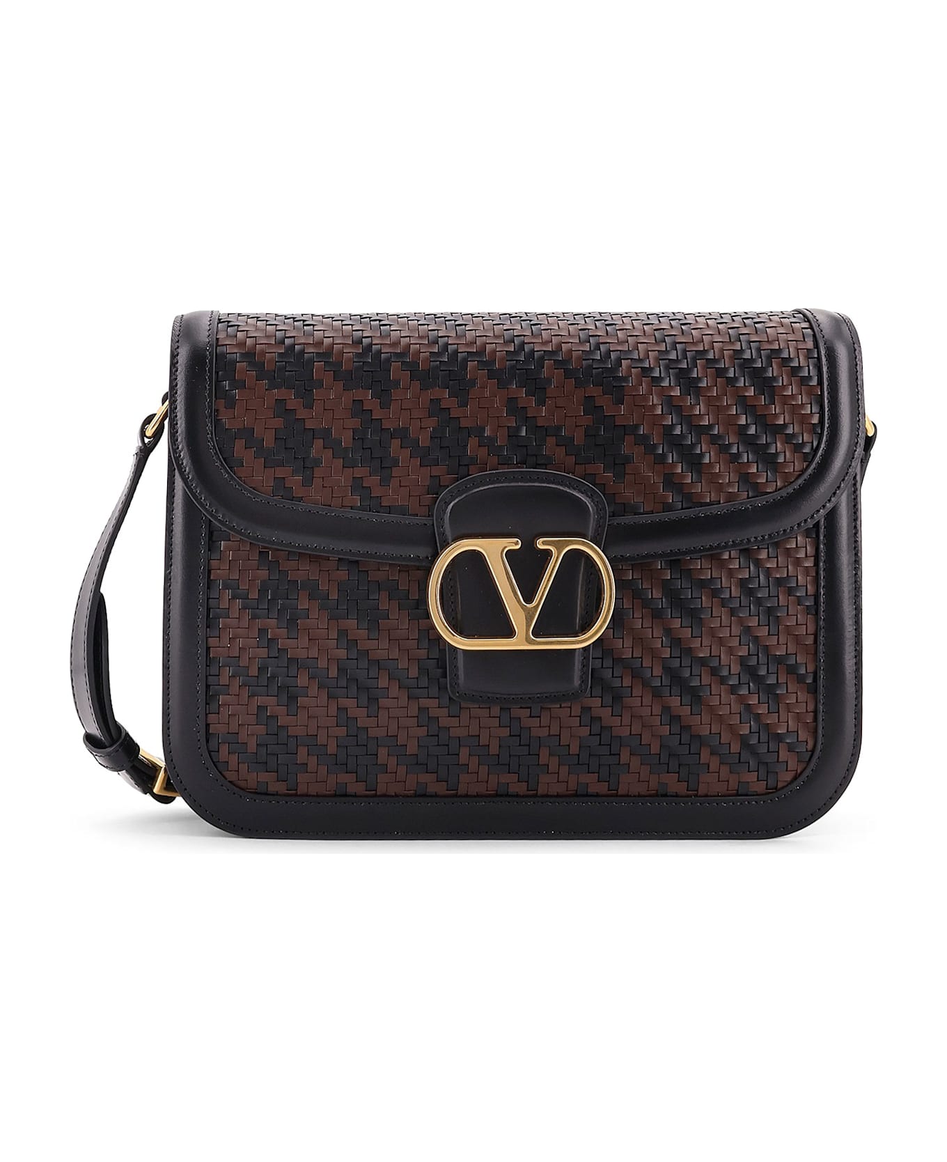 Valentino Garavani 9to5 Woven Leather Shoulder Bag - NERO/BARK BROWN/NERO