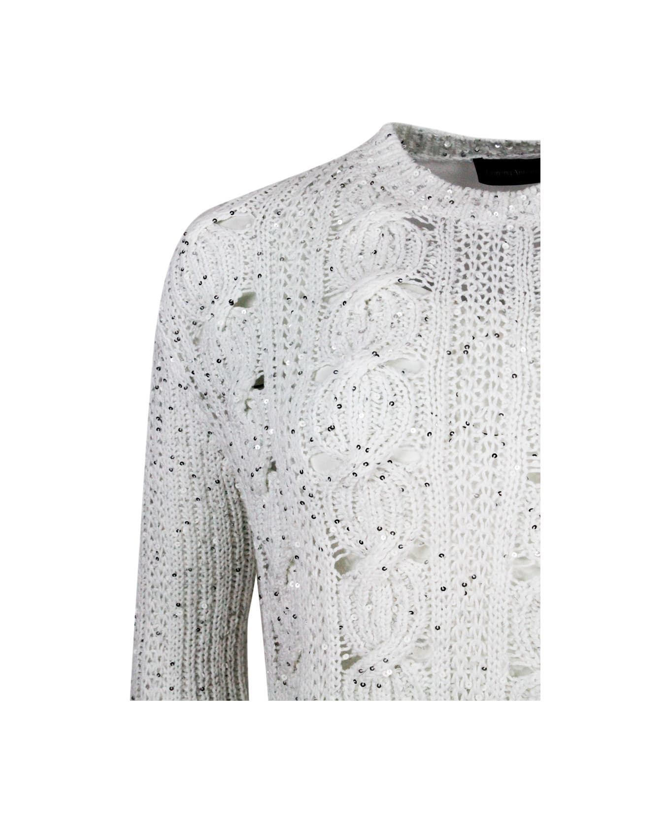 Lorena Antoniazzi Long-sleeved Crew-neck Sweater In Cotton With Braided Work Embellished With Microsequins And Back Part In Breathable Technical Fabric - White