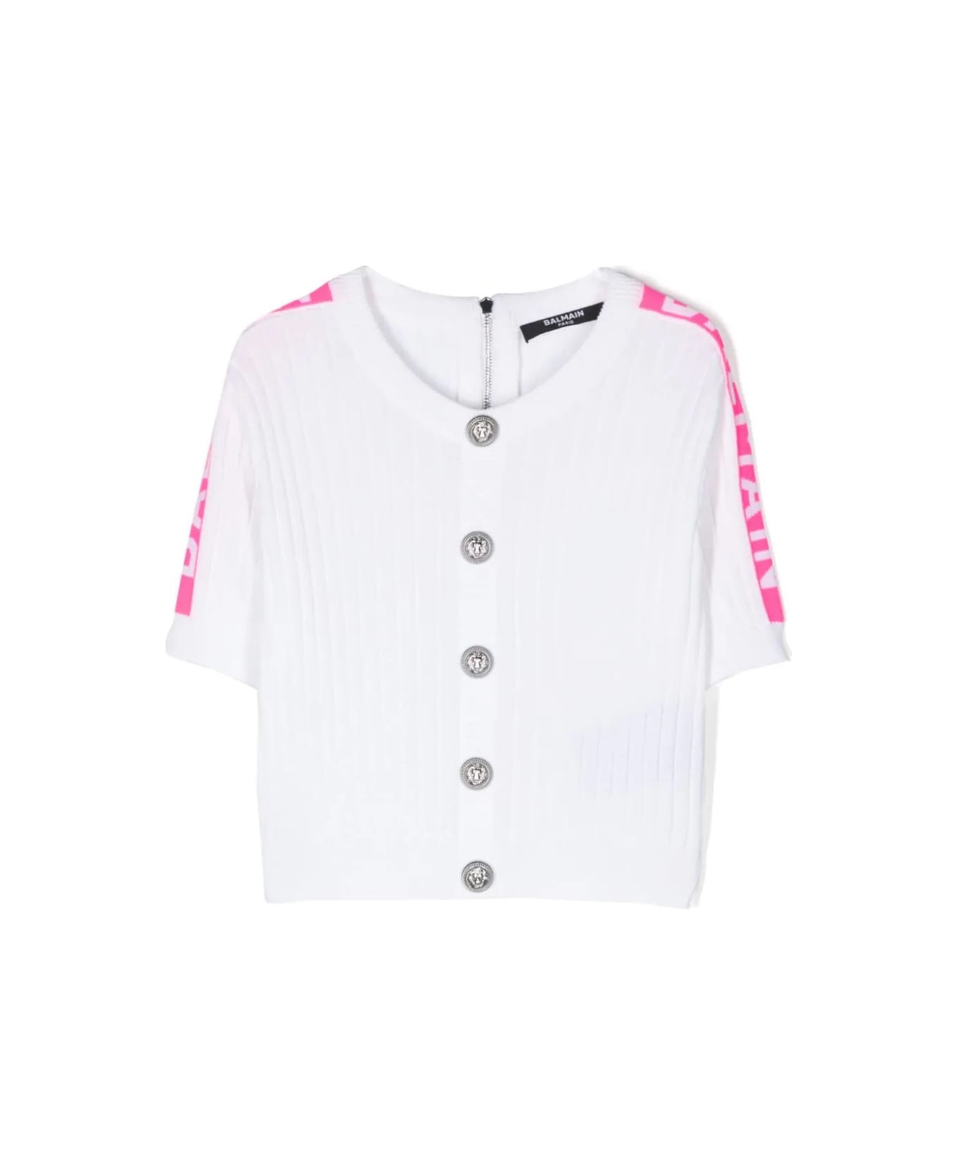 Balmain Ribbed Knit Cardigan With Jacquard Logo Motif - White ニットウェア＆スウェットシャツ