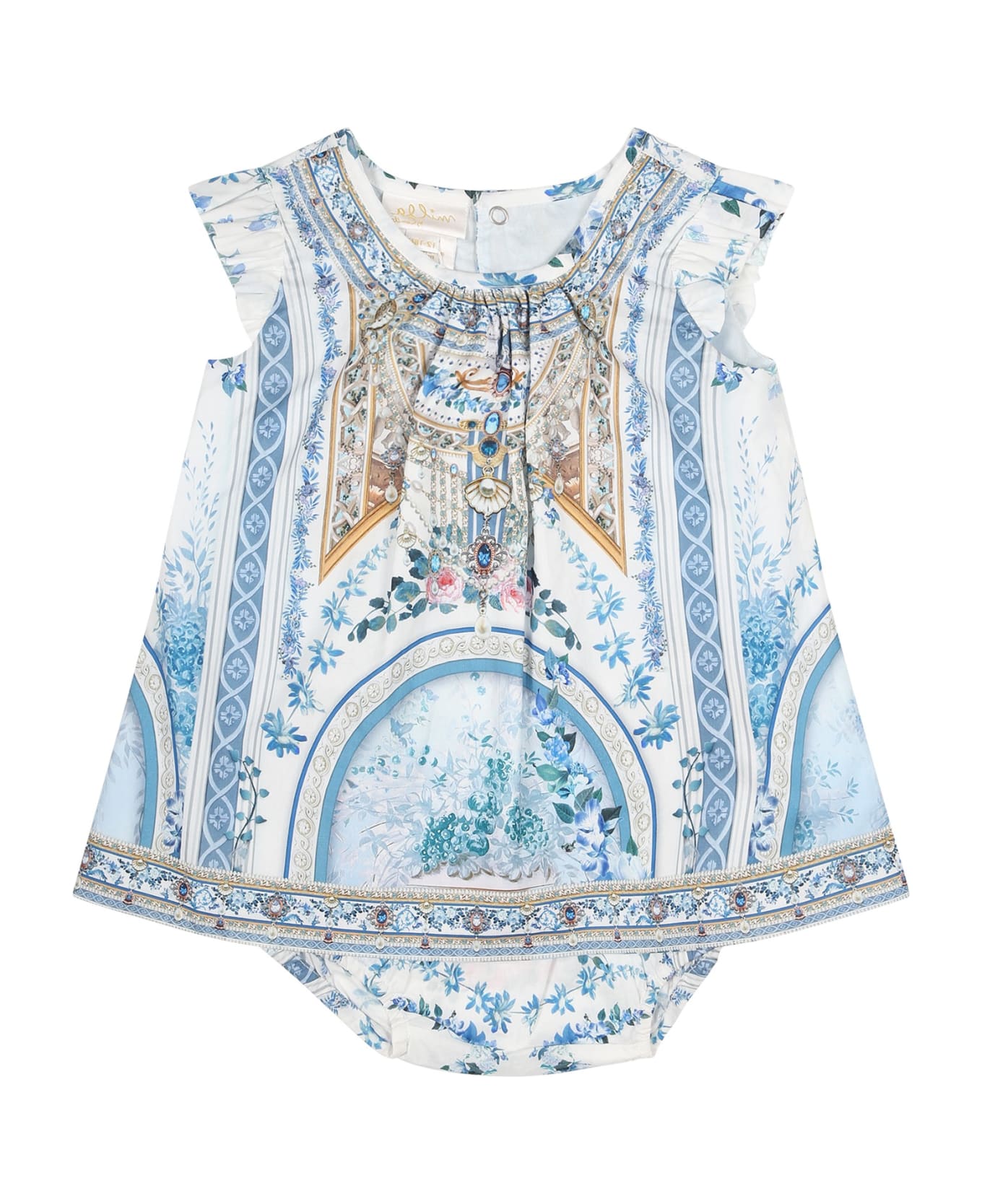 Camilla Light Blue Dress For Baby Girl With Floral Print - Light Blue ウェア