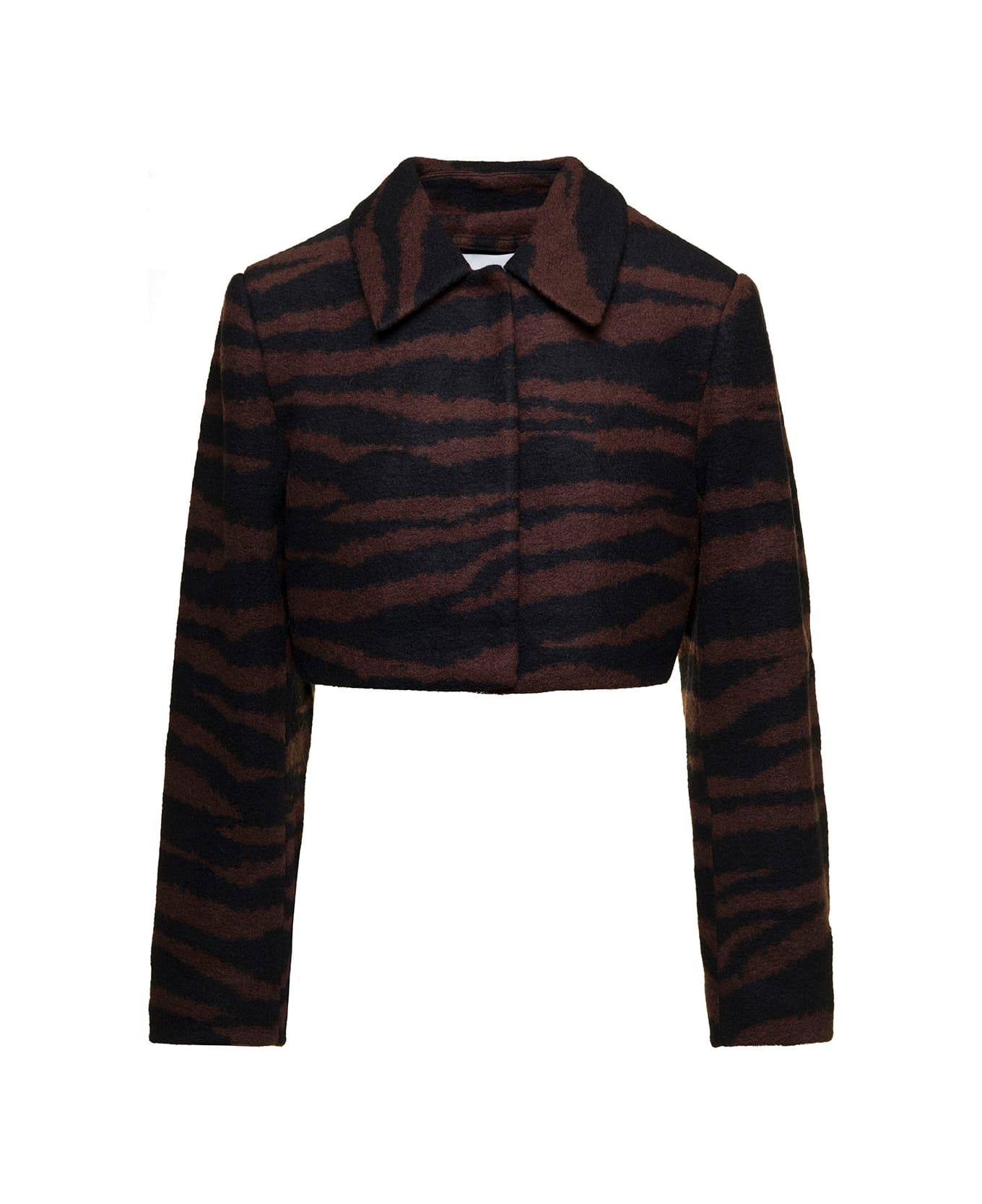 Ganni Brown Cropped Jacket With Zebra Motif In Wool Woman - Black