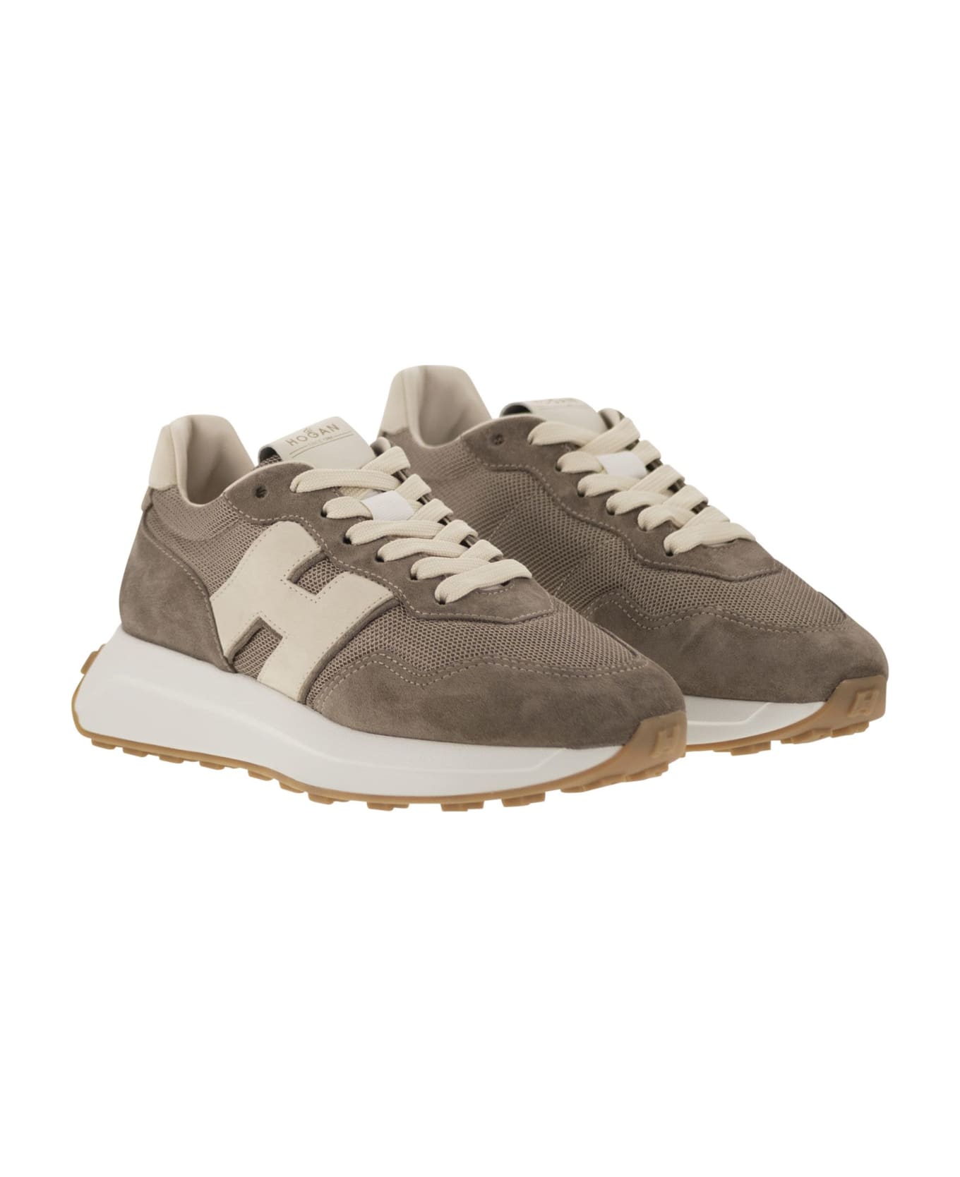 Hogan H641 - Leather And Canvas Trainers - Tortora