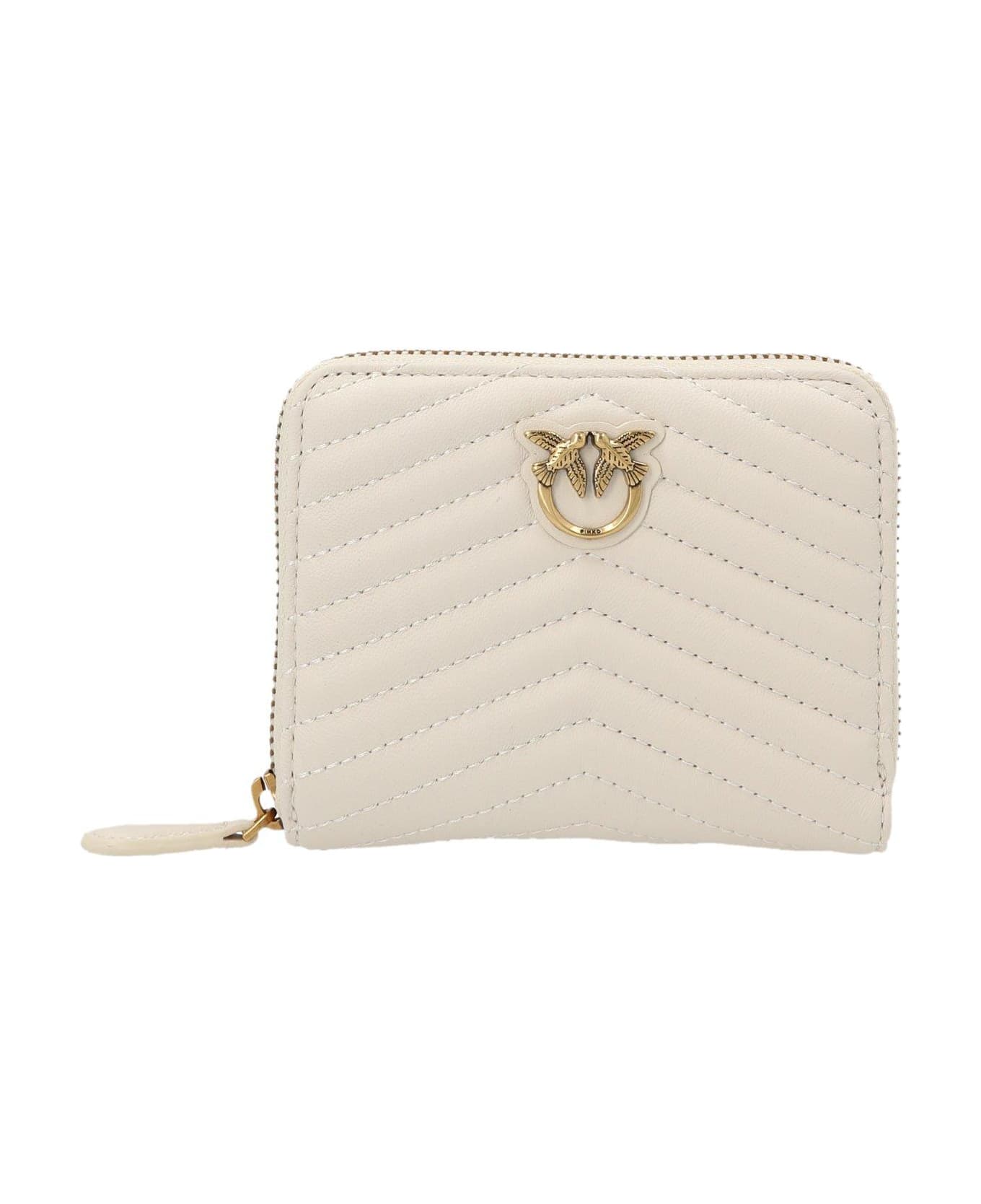 Pinko Logo Plaque Quilted Zipped Wallet - Bianco seta-antique gold