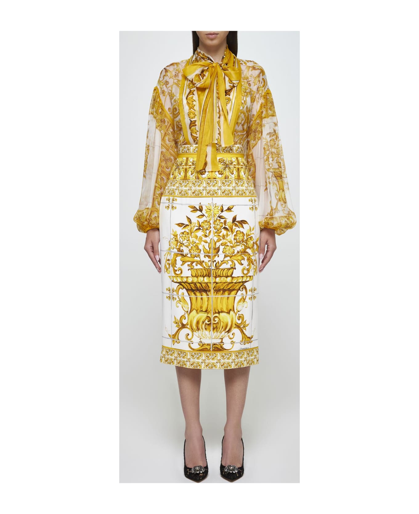 Dolce & Gabbana Majolica Print Silk Shirt - MIX MAIOLICA GIALLO (White)