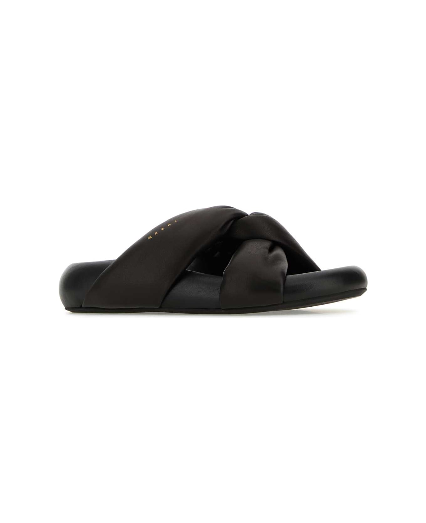 Marni Black Leather Bubble Slippers - BLACK