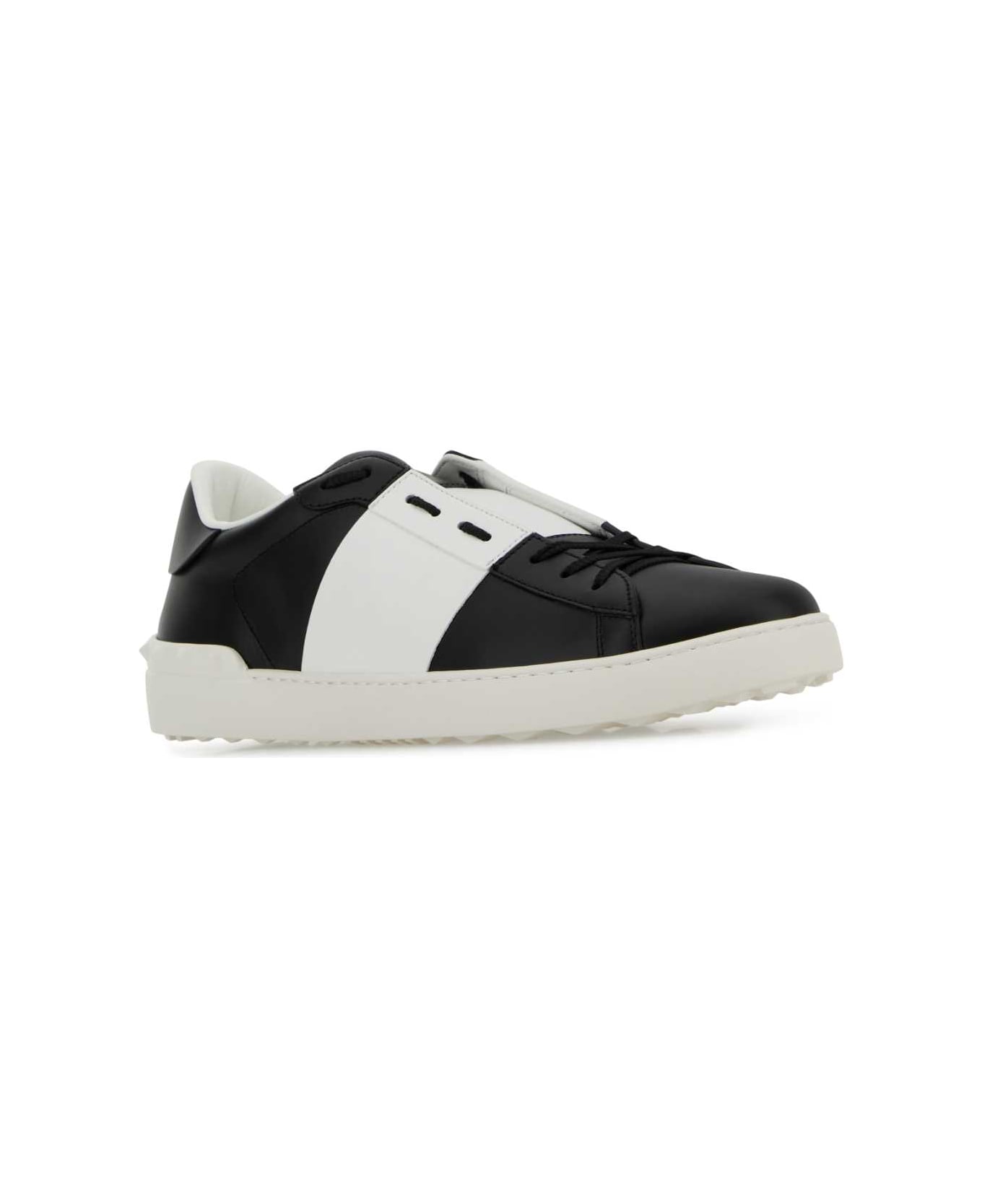 Valentino Garavani Black Leather Open Sneakers With White Band - NEROBIANCOBIANCO