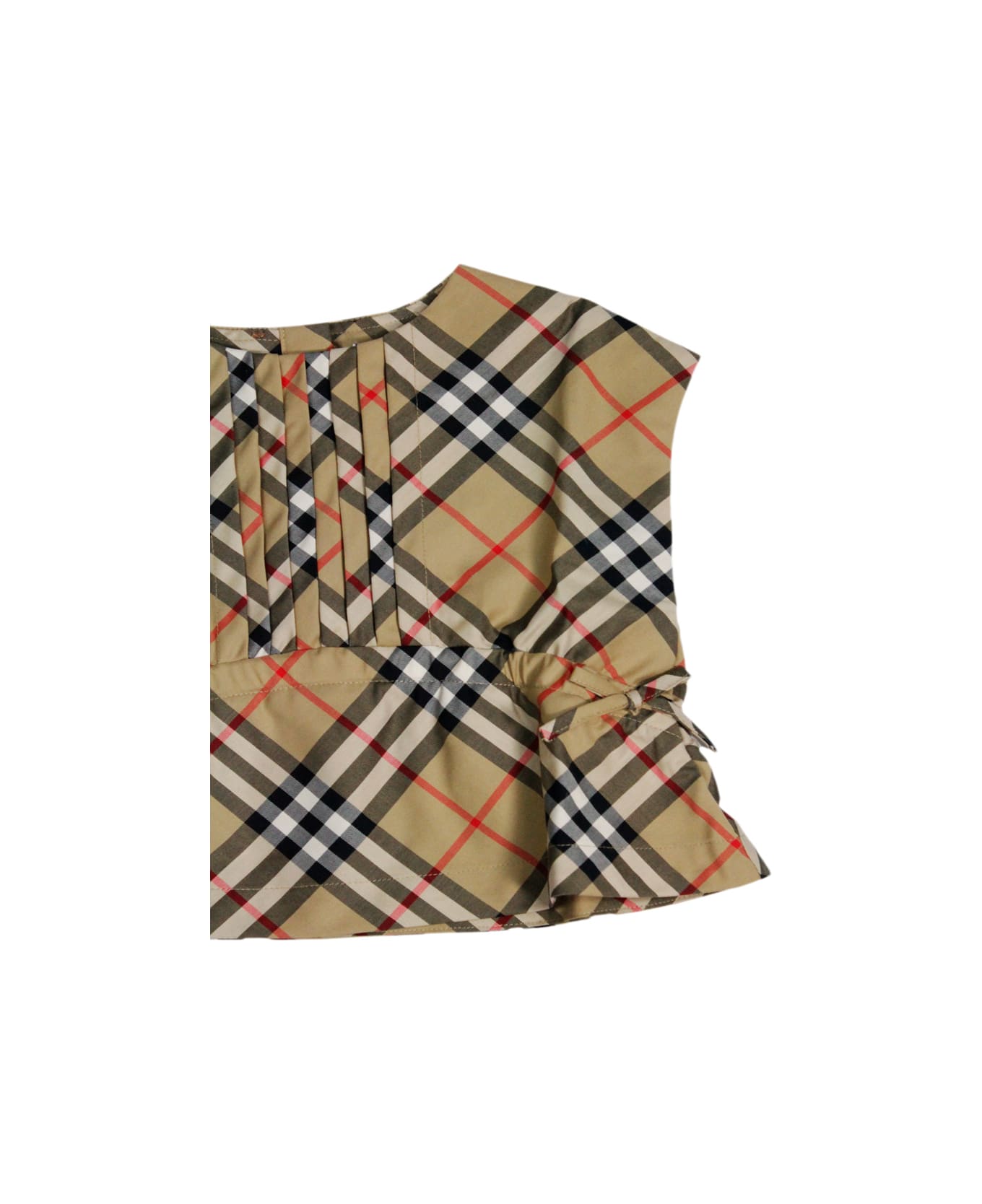 Burberry Sleeveless Crew-neck Shirt With Pleats On The Front In A Check Pattern - Beige
