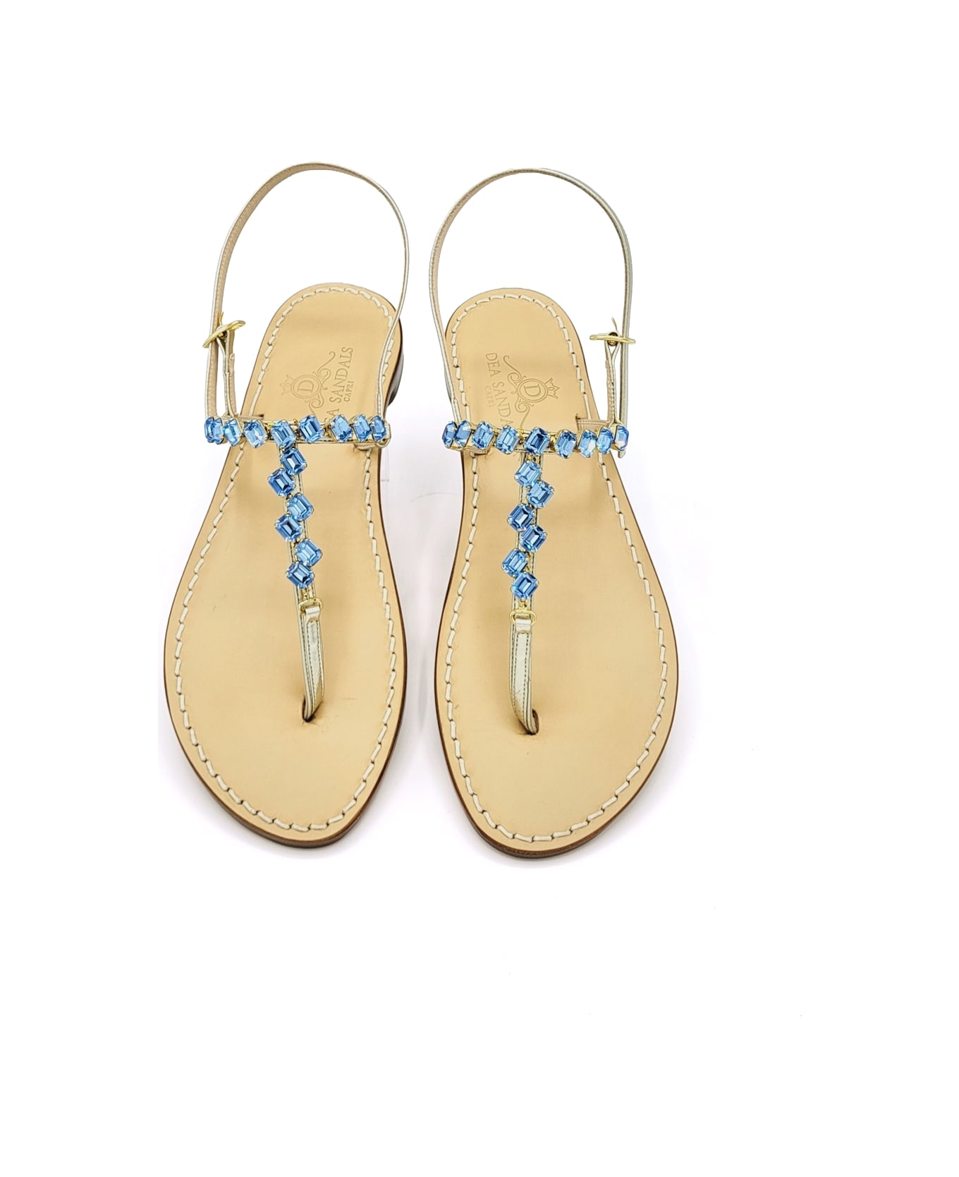 Dea Sandals Light Blue Diagonal Jewel Sandals - platinum gold laminated, light blue