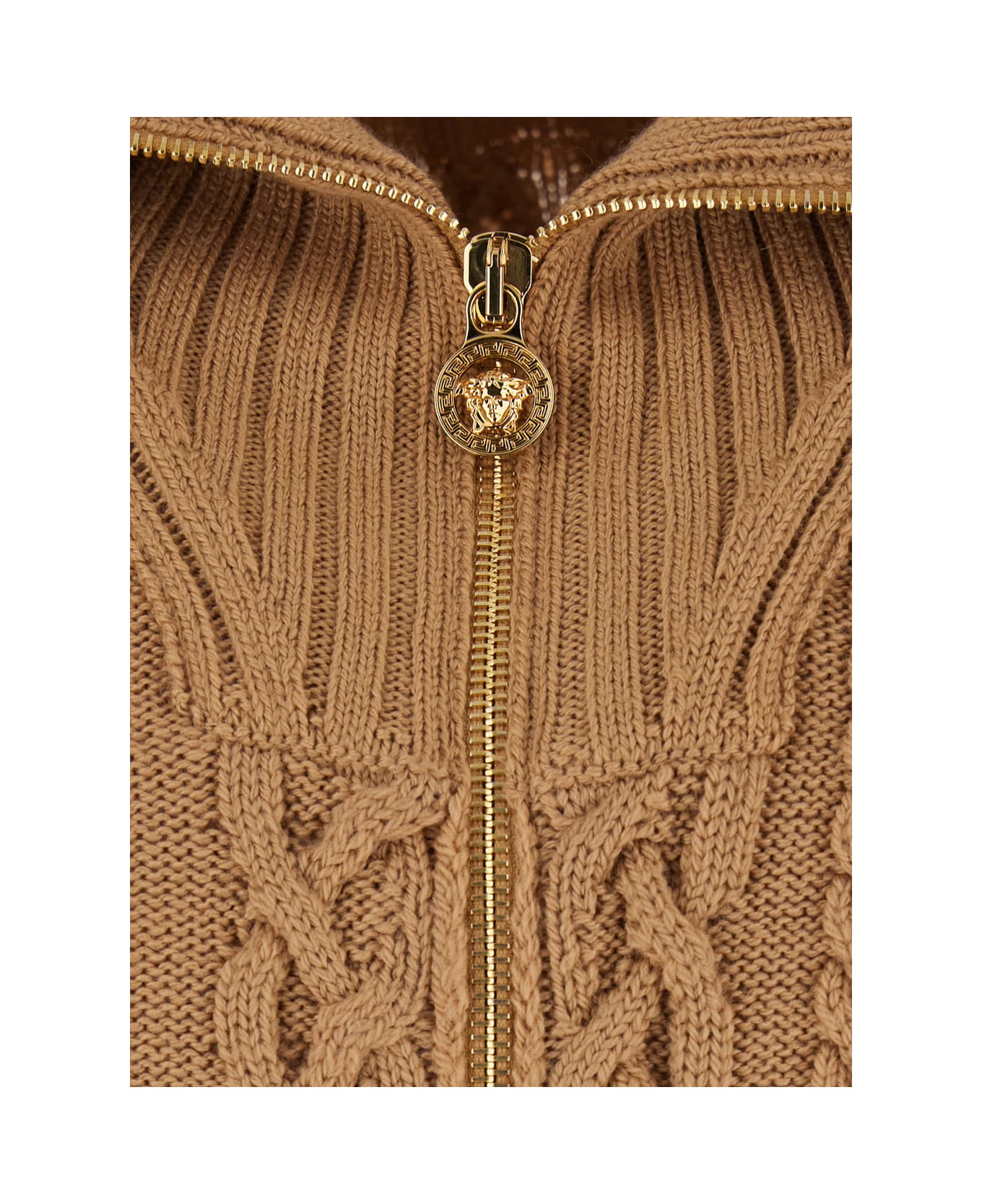 Versace Beige Turtleneck Sweater With Zip Closure And Medusa Head Embroidered On The Back In Virgin Wool Man - Beige