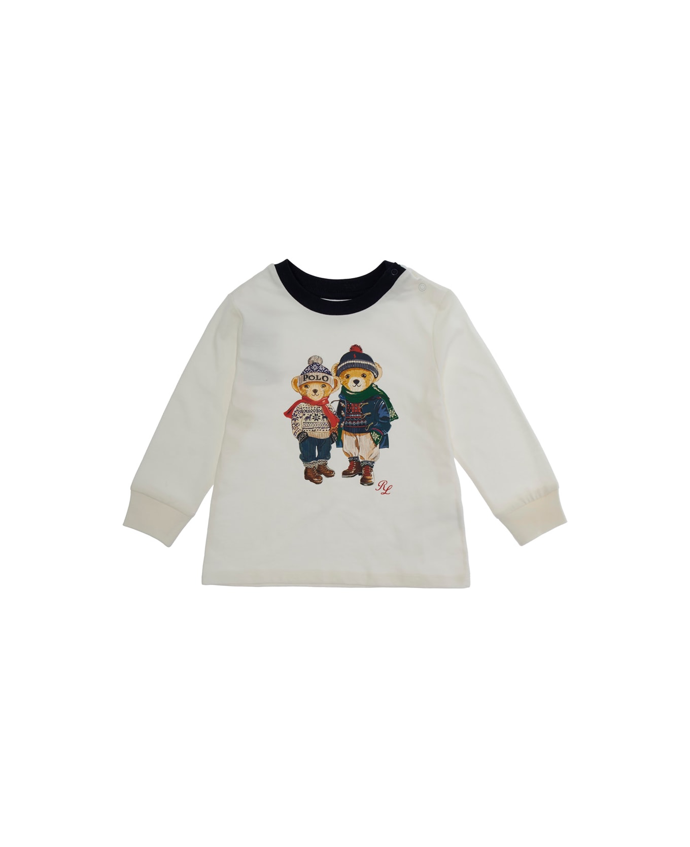 Polo Ralph Lauren White And Blue Sweatshirt With Contrasting Border And Polo Bear Print In Cotton Baby - White